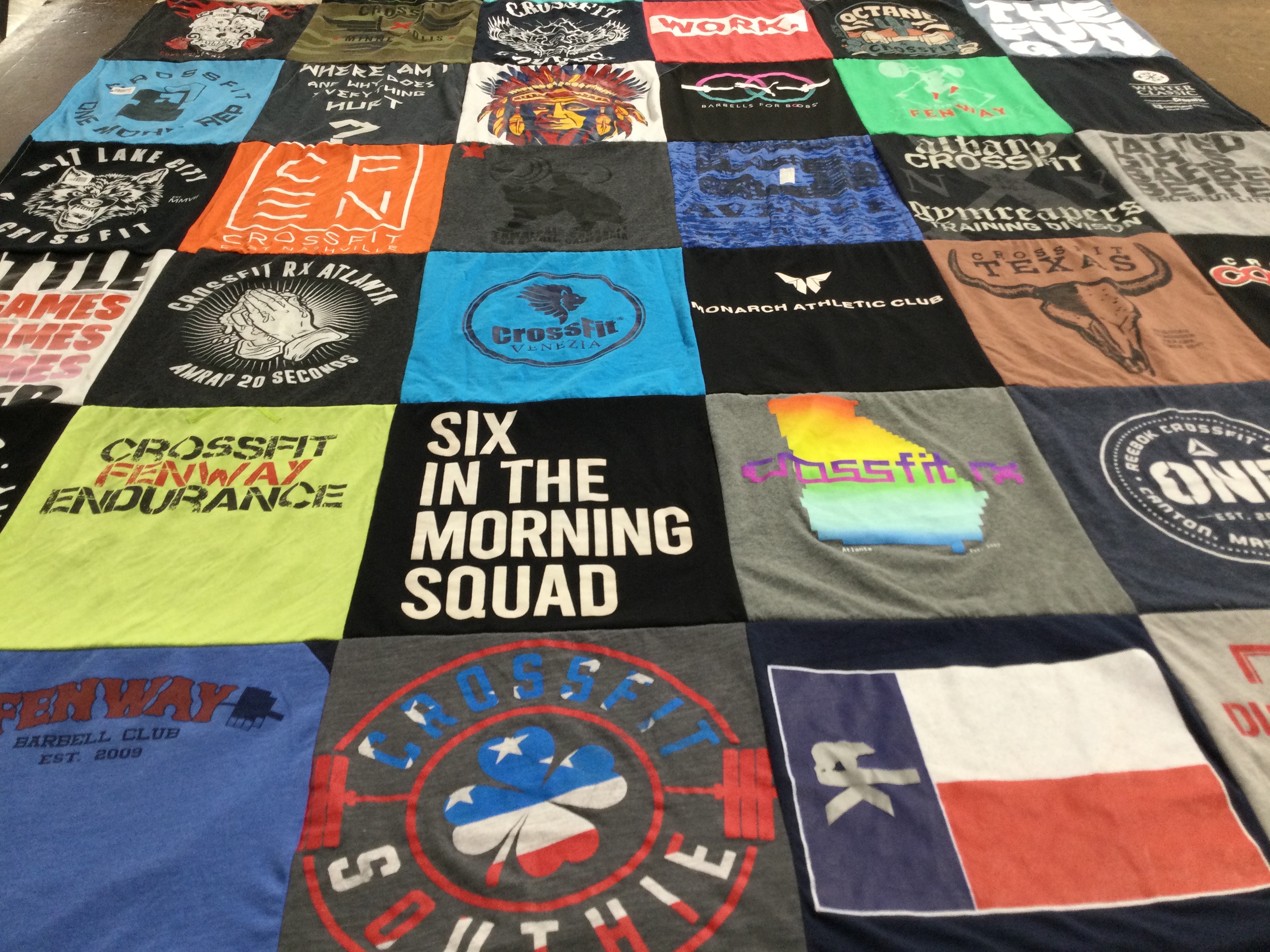 T-shirt quilt with fitness, crossfit themes by Amy from NY