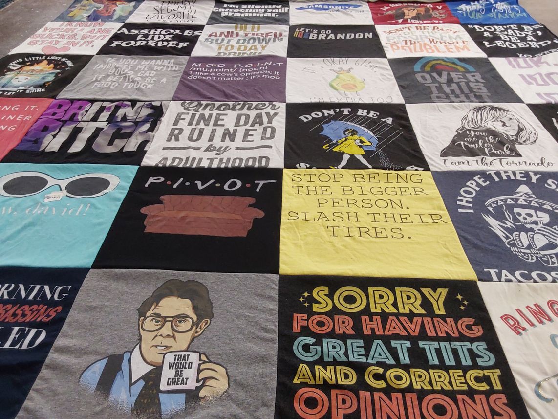 T-shirt quilt with humor, pop culture themes by Annie from VA