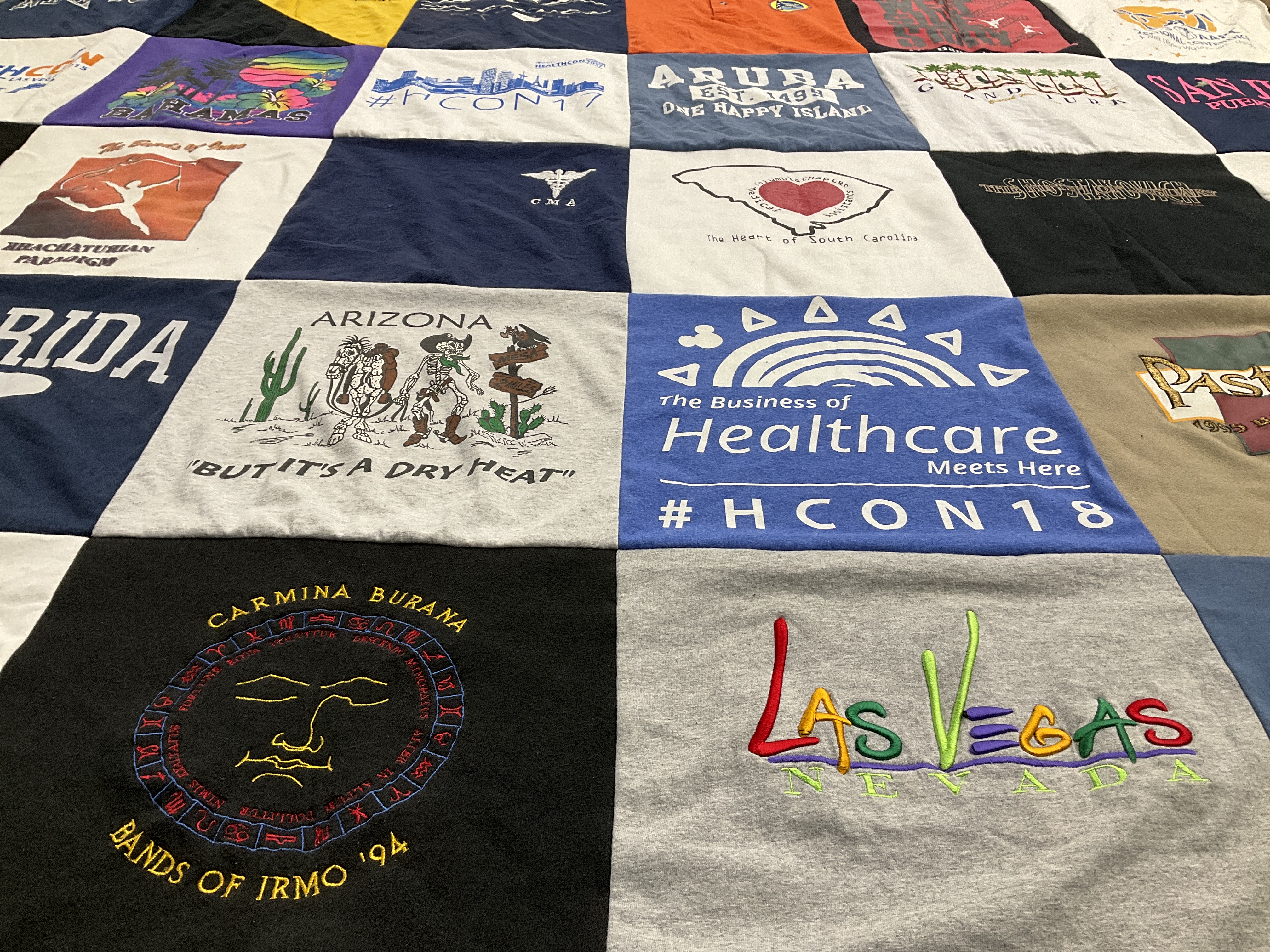 T-shirt quilt with travel, music themes by Margaret from SC