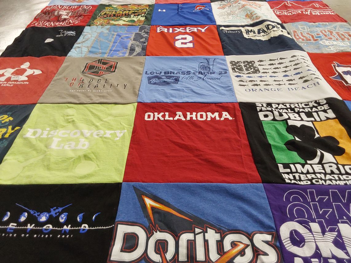 T-shirt quilt with music, travel themes by Jennifer from OK