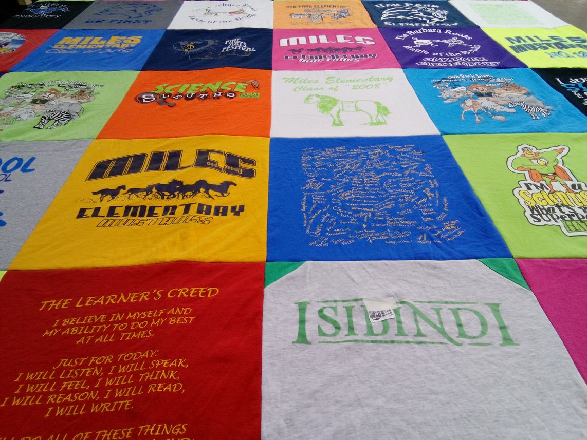 T-shirt quilt featuring miles elementary mustangs by Libby from FL