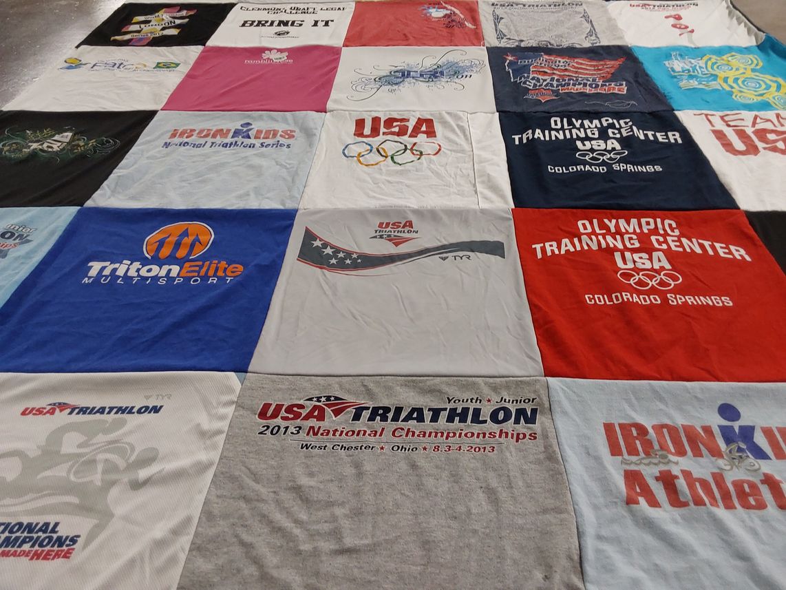T-shirt quilt with triathlon, sports themes by Nancy from NC