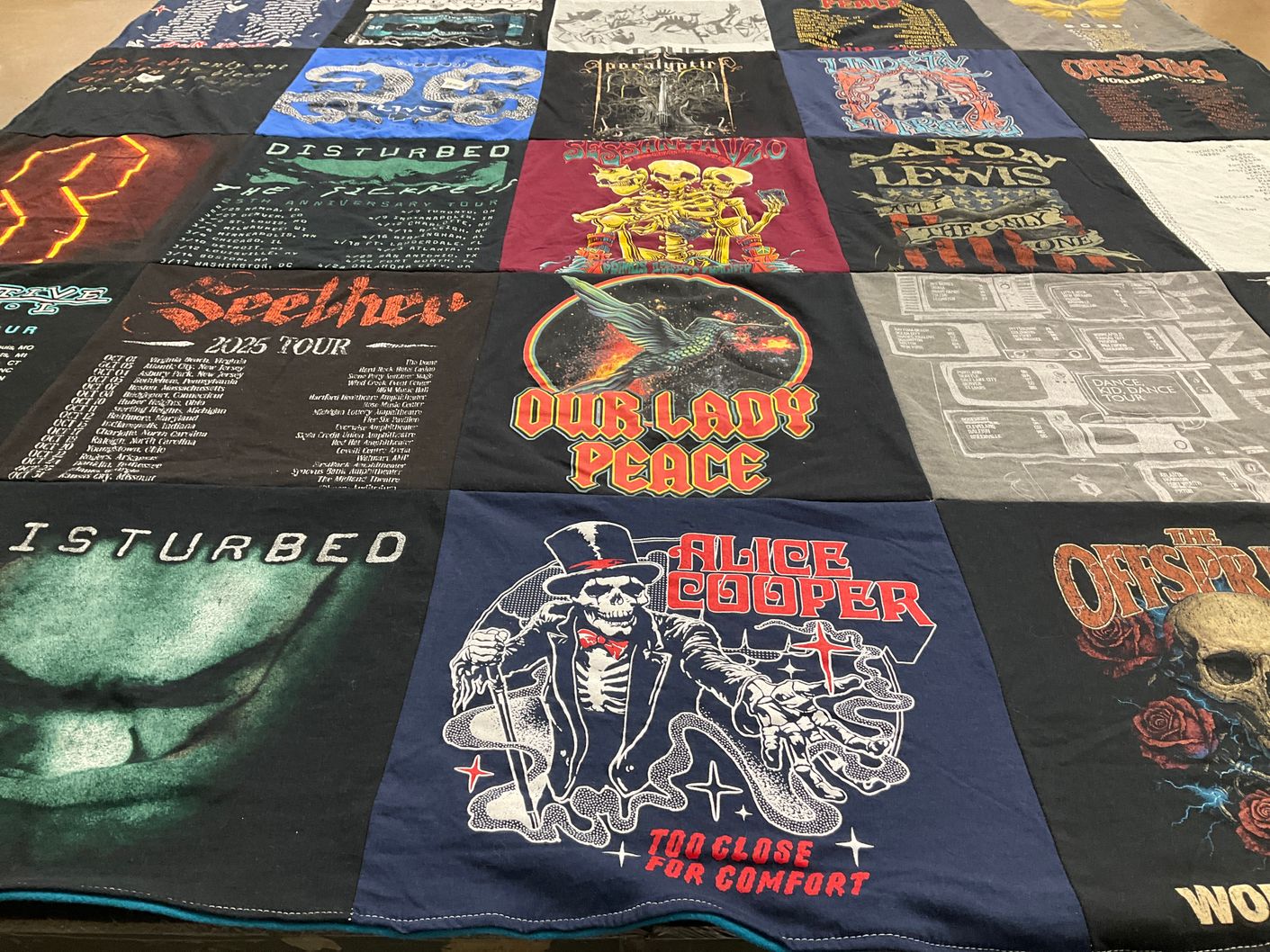 T-shirt quilt with music, rock themes by Jaclyn from MO