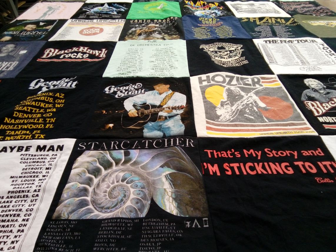 T-shirt quilt with music, concerts themes by Emily from PA