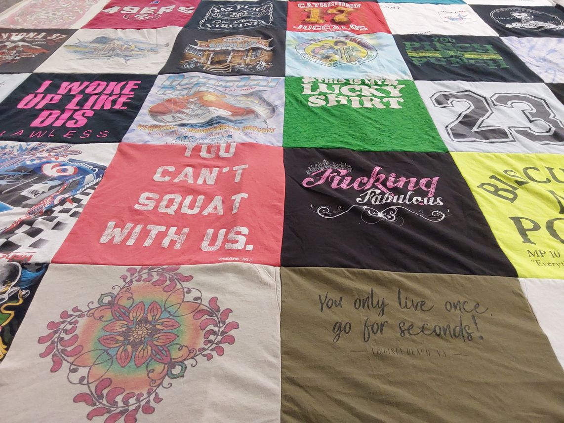 T-shirt quilt with music, sports themes by Frank from VA