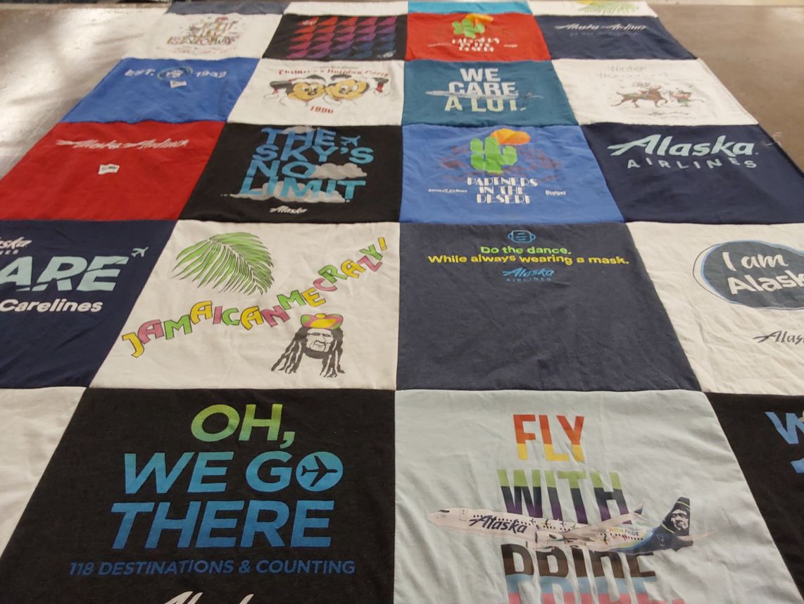 T-shirt quilt with travel, airlines themes by Jill from AZ