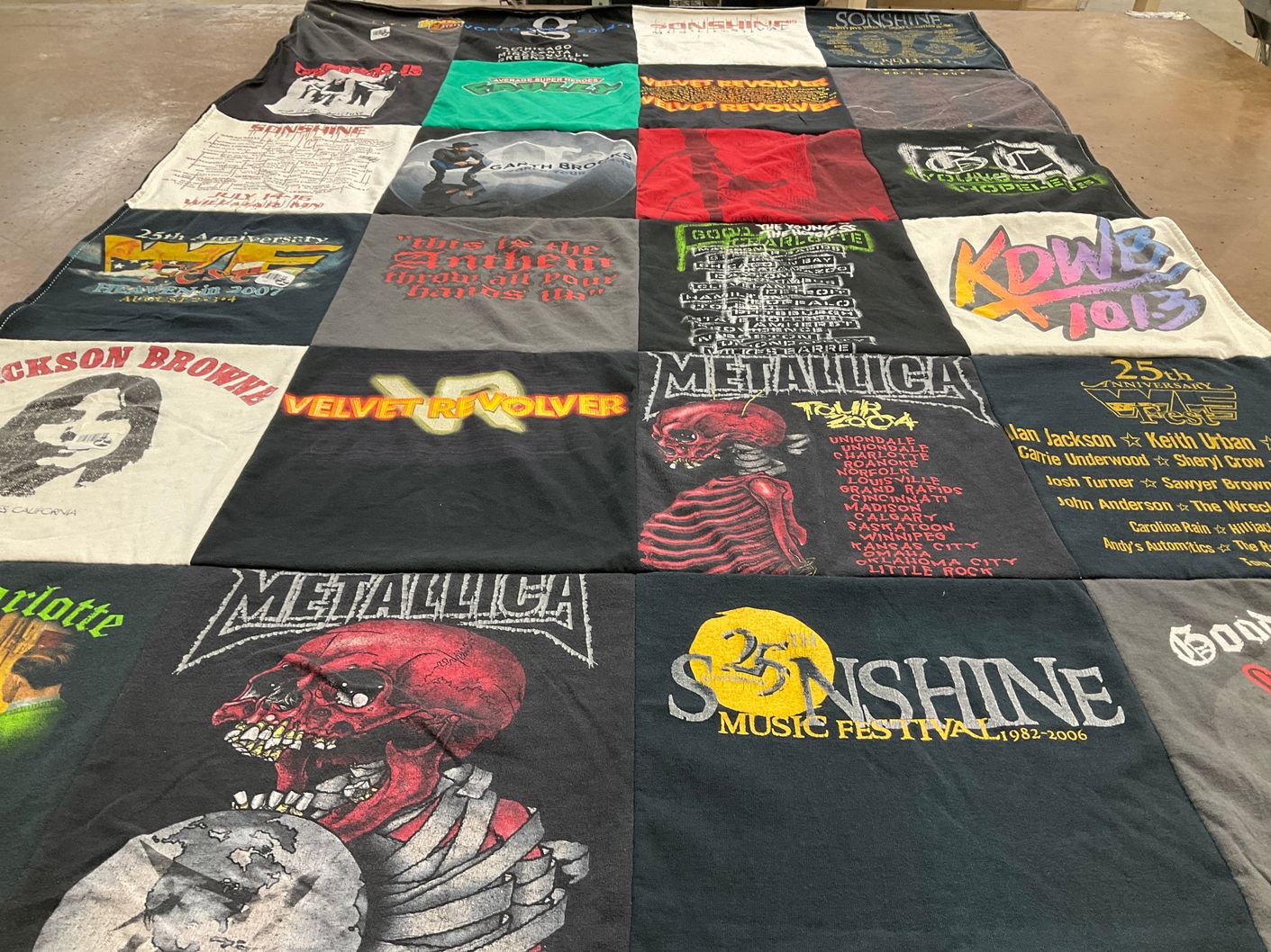 T-shirt quilt with music, concerts themes by Angela from CO
