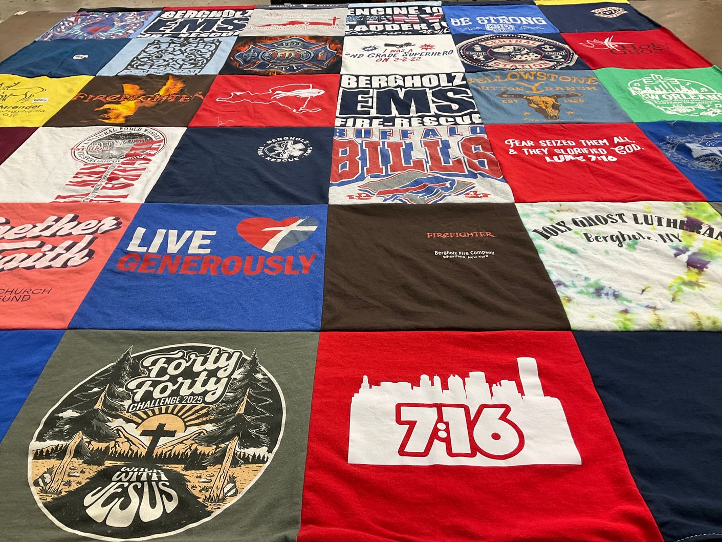 T-shirt quilt with emergency services, christianity themes by Gail from NY
