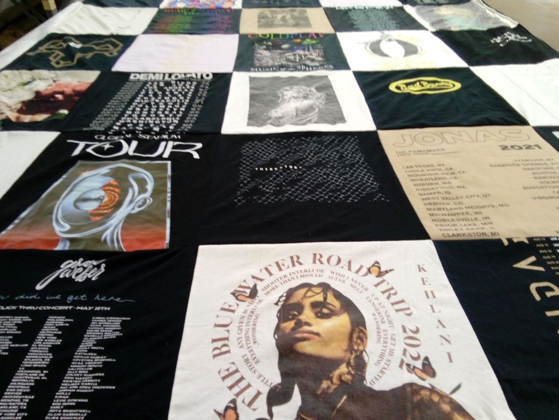 T-shirt quilt with music, concerts themes by Kamari from NY