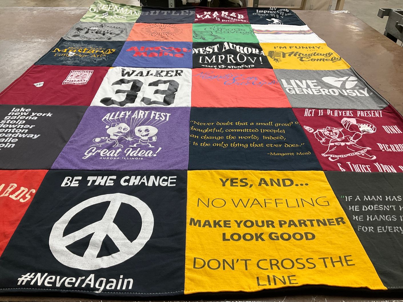 T-shirt quilt with theater, improv themes by Rebecca from IL