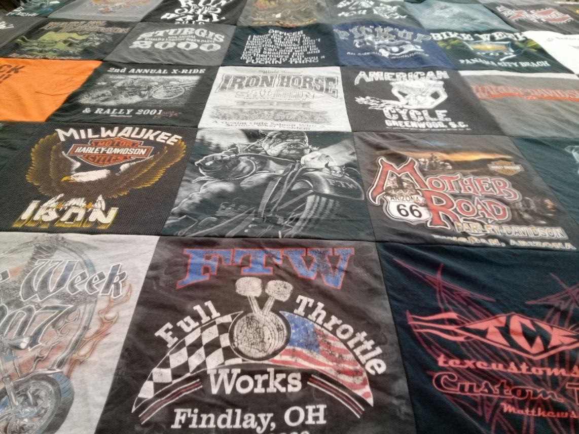T-shirt quilt with motorcycles, biking themes by Lee from OH