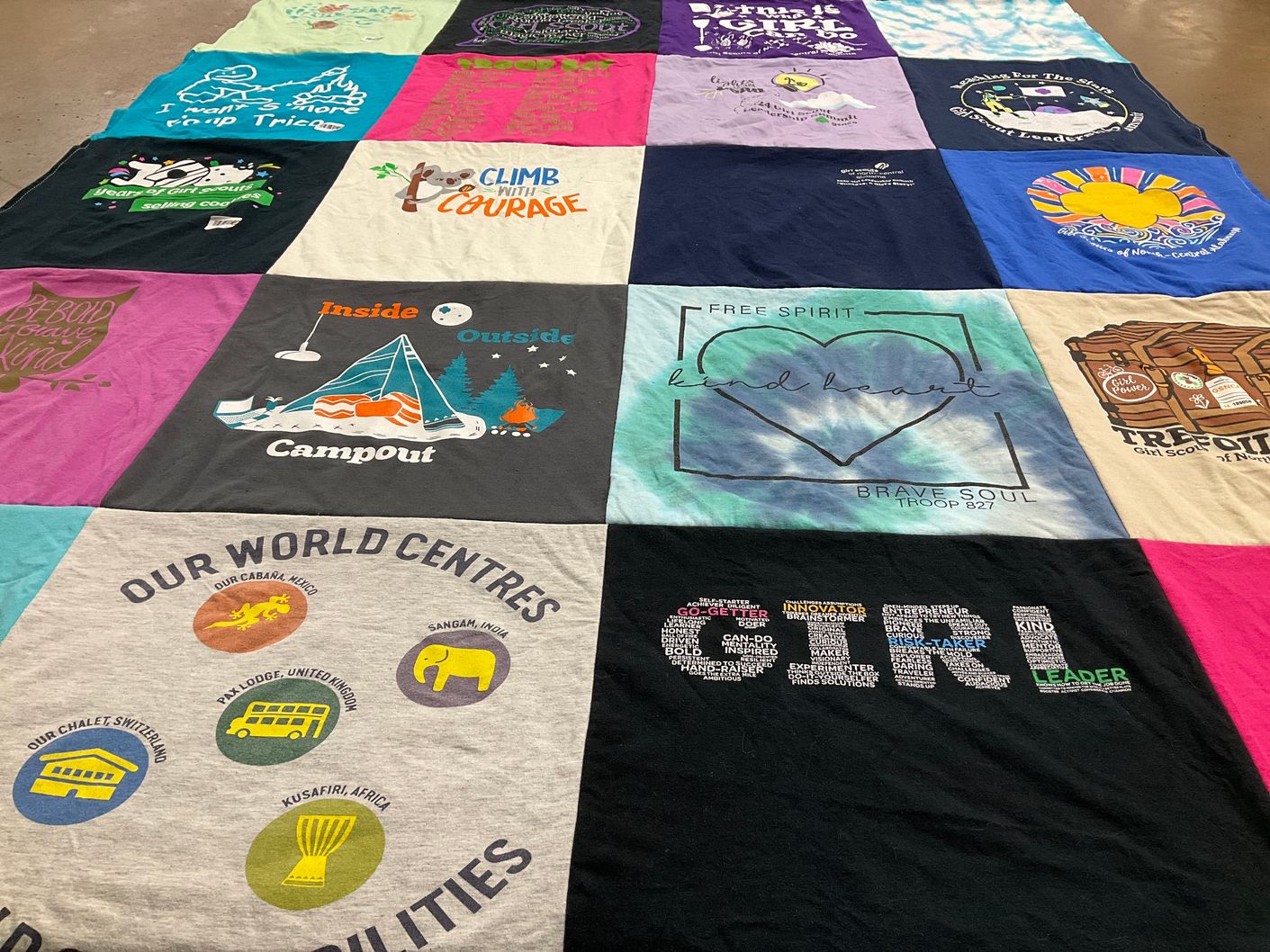 T-shirt quilt with camping, leadership themes by Jennifer from AL