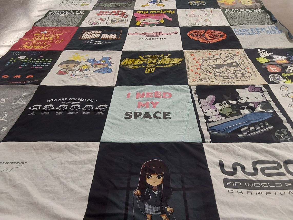T-shirt quilt with video games, anime themes by Pamela from CA