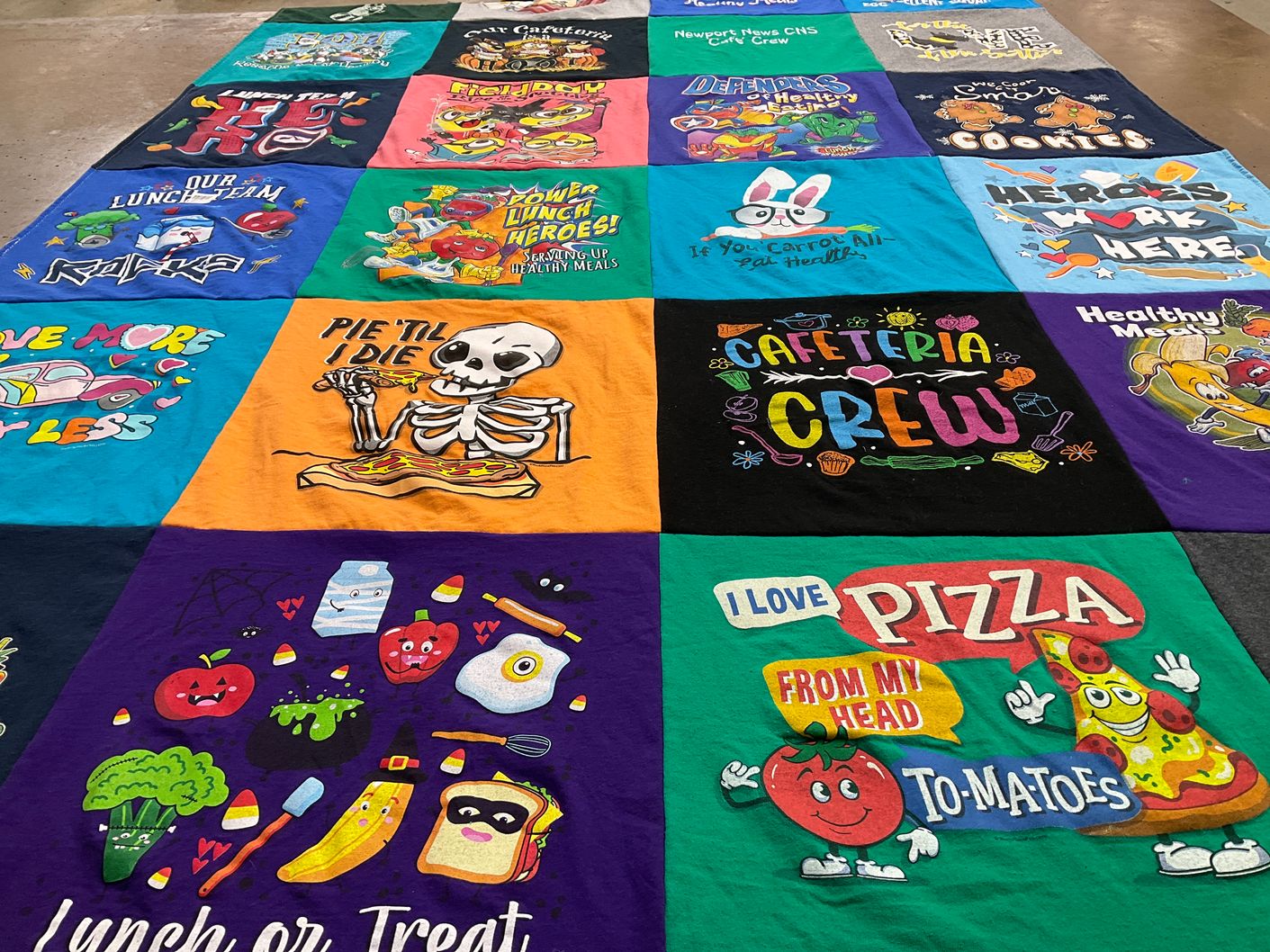 T-shirt quilt with food, cooking themes by Carolyn from VA