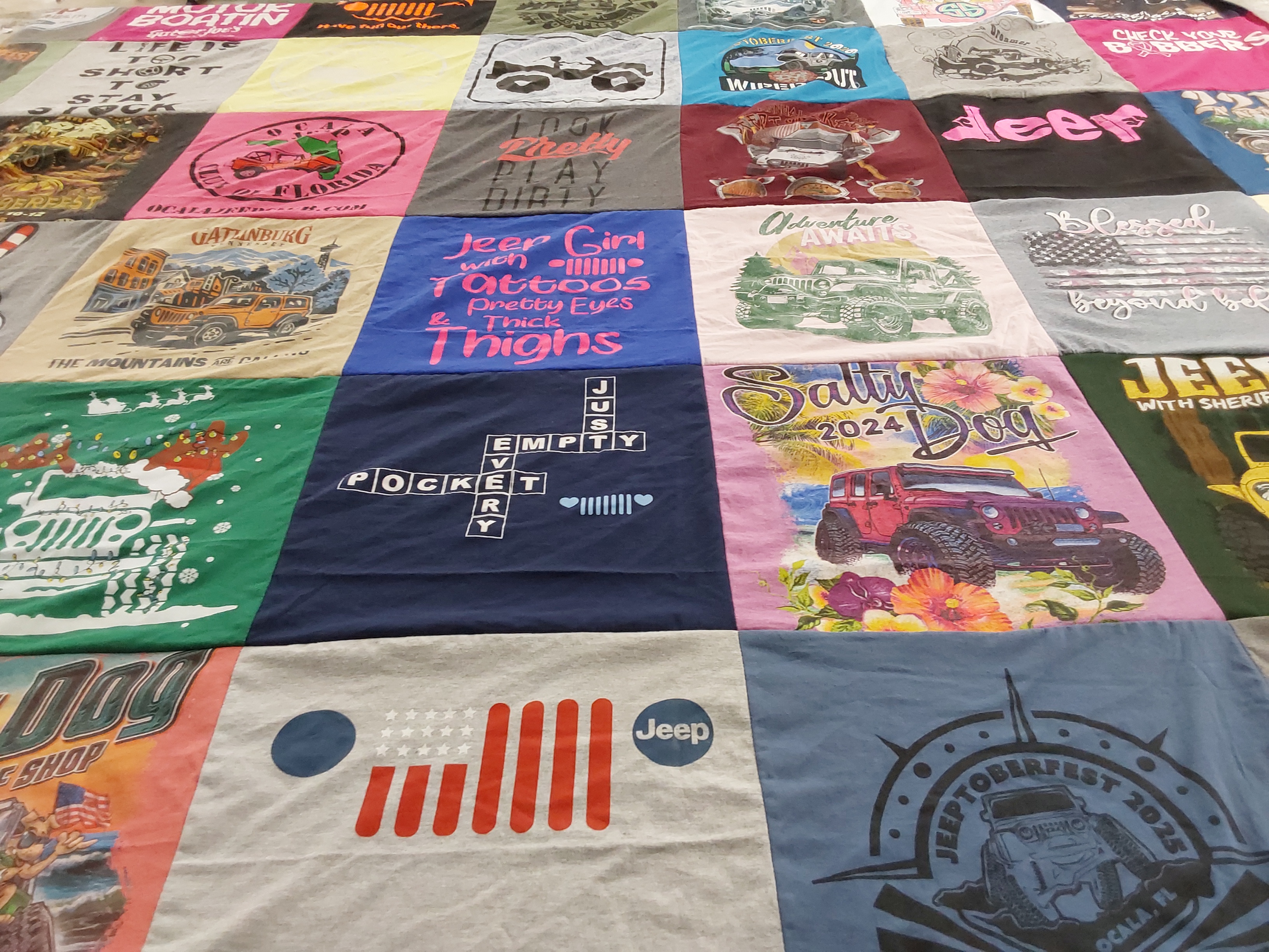 T-shirt quilt with jeeping, outdoor activities themes by Kelly from FL