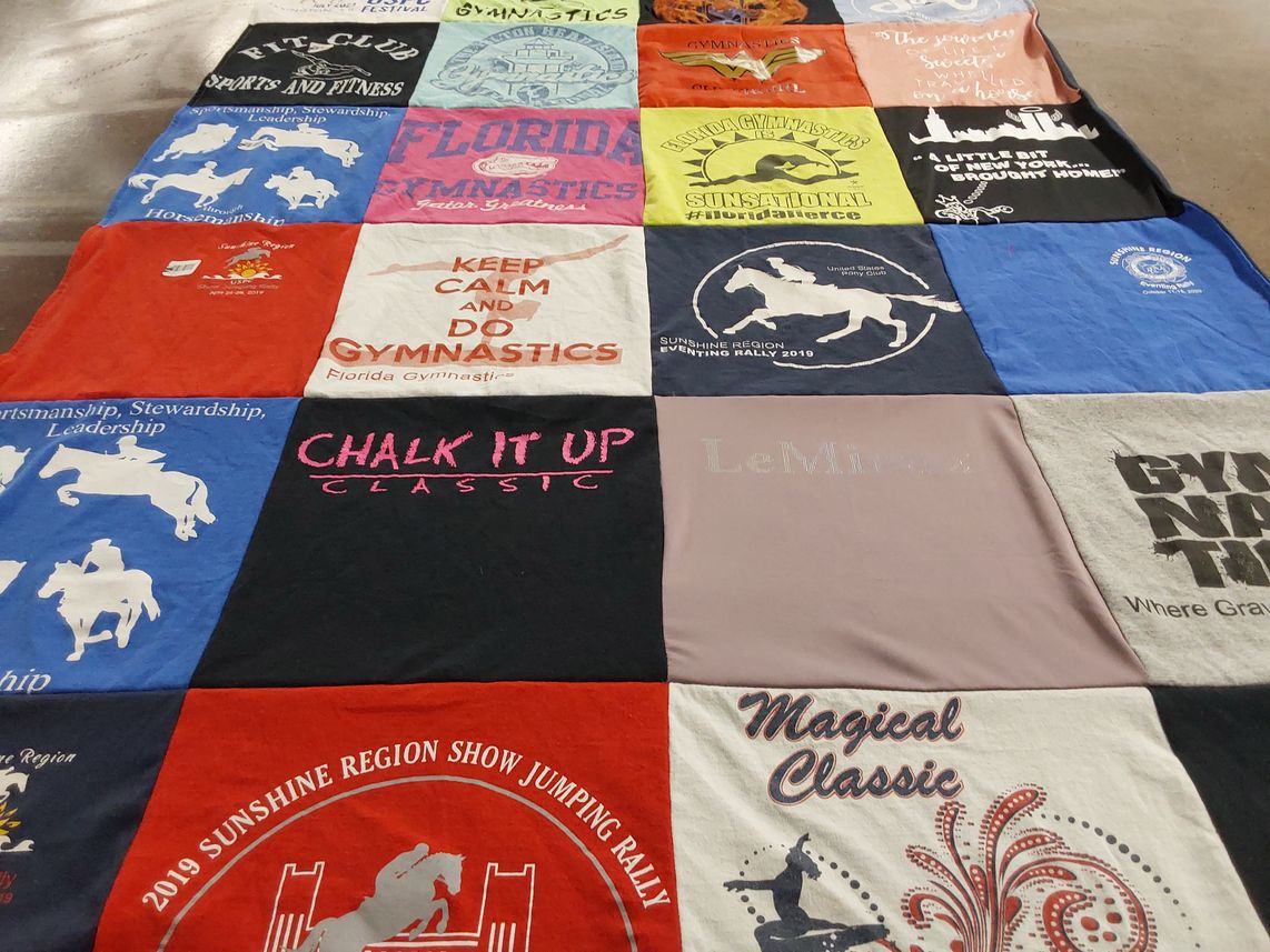 T-shirt quilt with gymnastics, equestrian sports themes by Melissa from FL