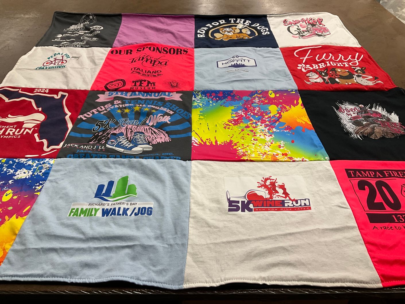T-shirt quilt with running, fundraising themes by Ella from FL