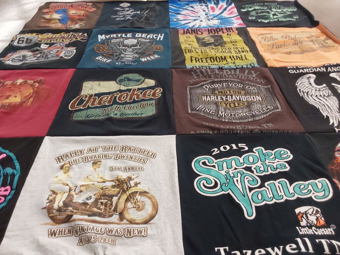 T-shirt quilt with motorcycles, rock music themes by Karen from TN