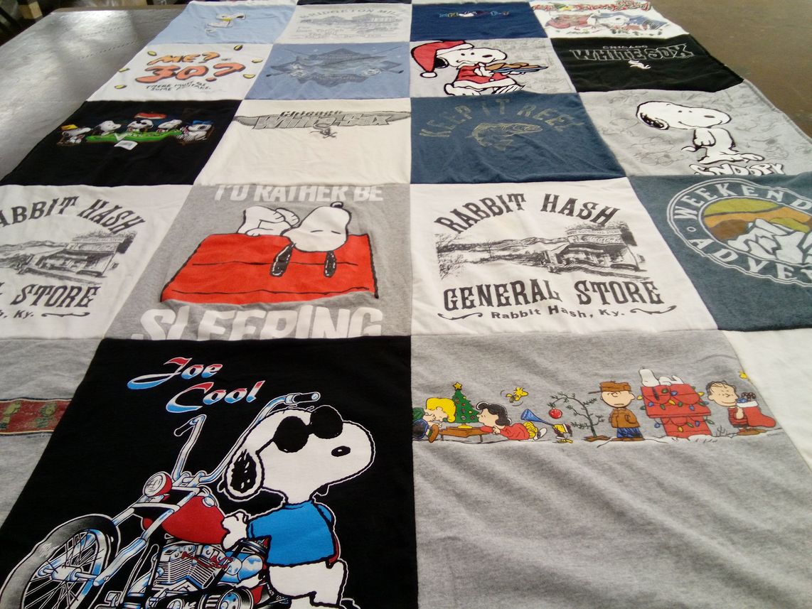 T-shirt quilt with snoopy, charlie brown themes by Donna from IN