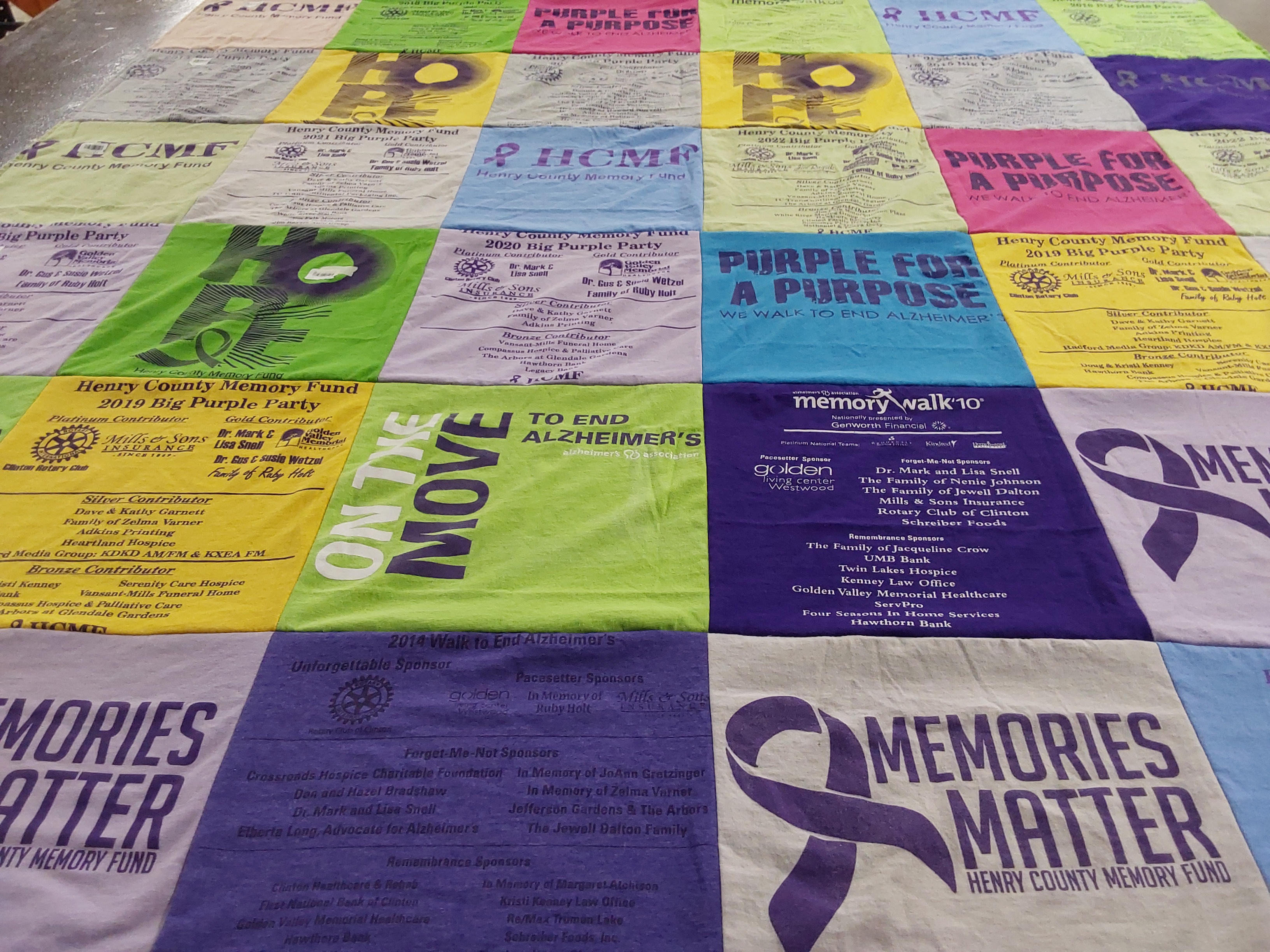 T-shirt quilt with alzheimers awareness, charity events themes by Ranae from MO