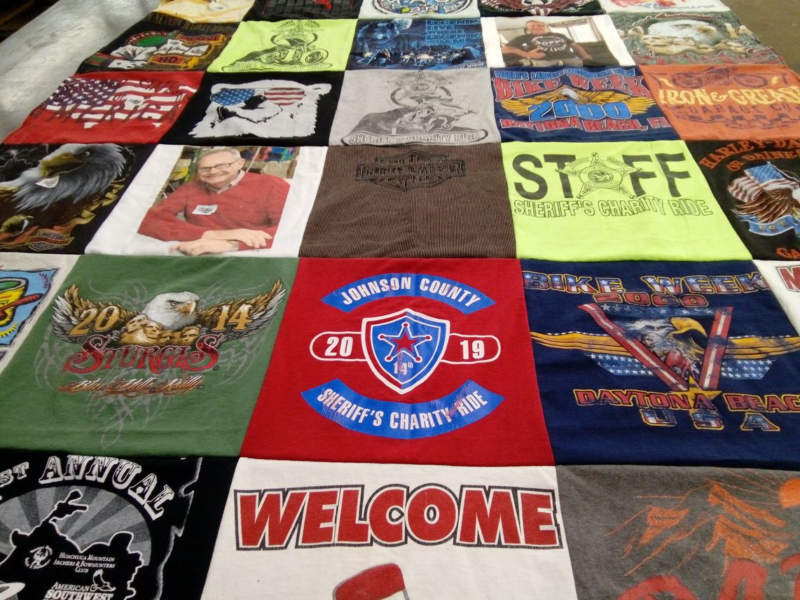 T-shirt quilt with motorcycles, charity events themes by Patti from IN
