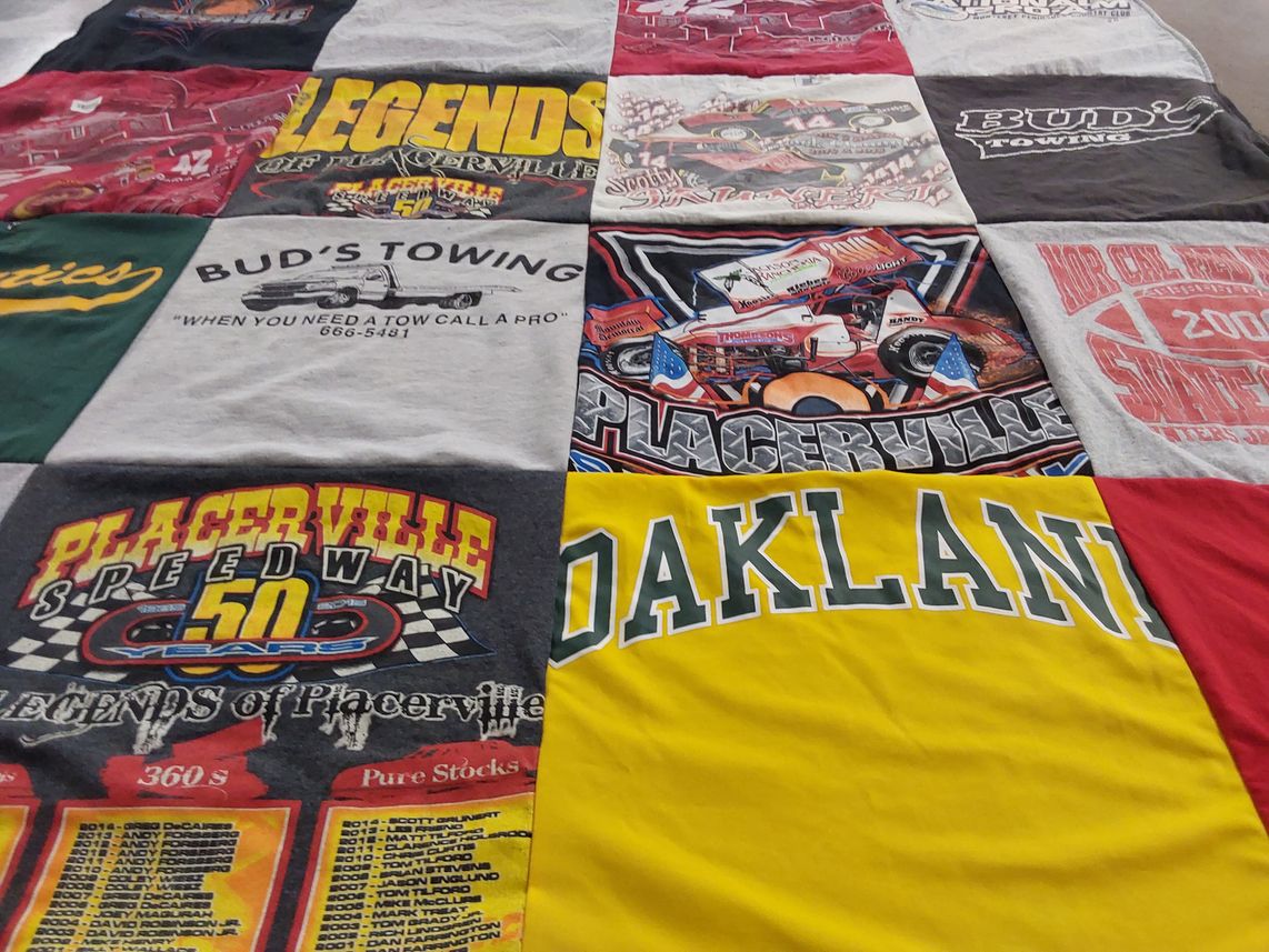 T-shirt quilt with racing, automobiles themes by Cheryl from CA
