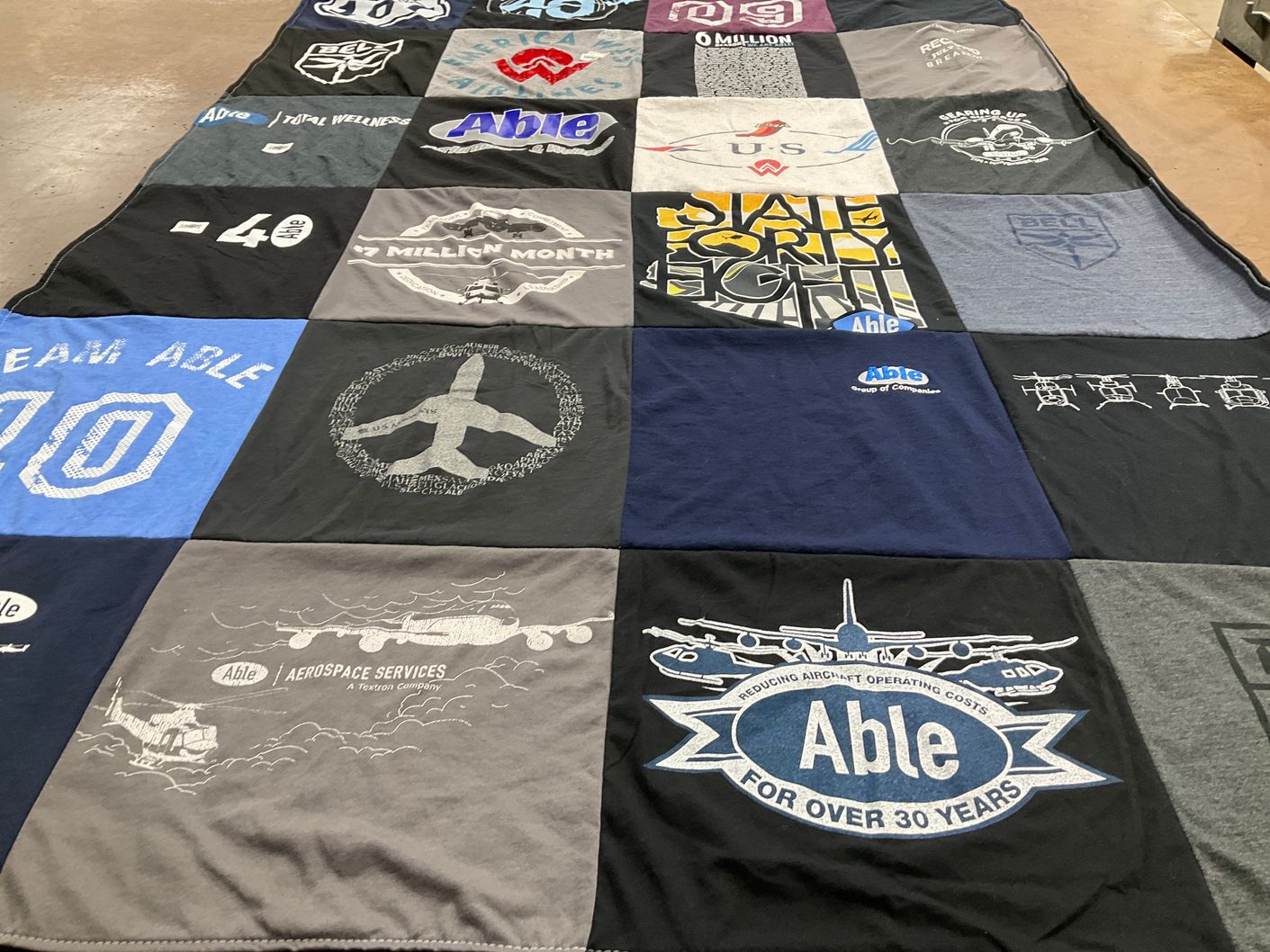 T-shirt quilt with aviation, aerospace themes by Karah from WA