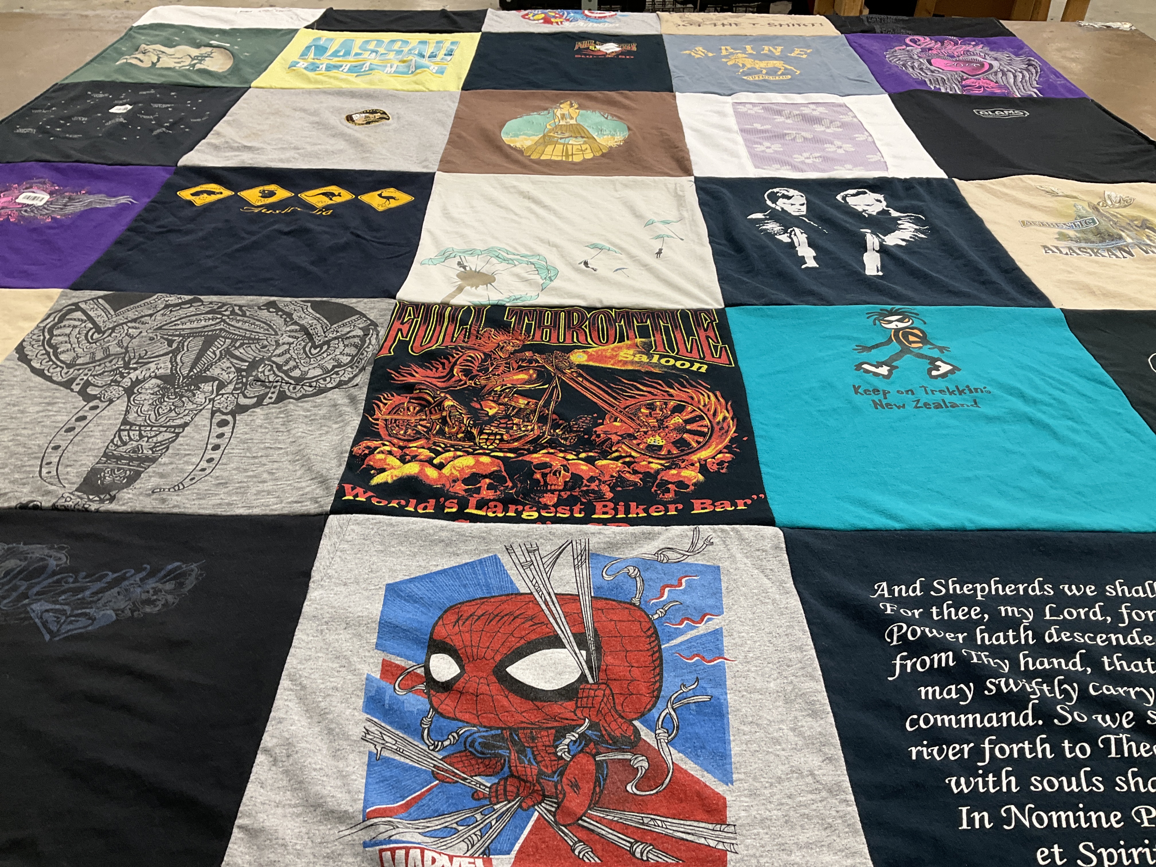 T-shirt quilt with motorcycles, spiderman themes by Kellie from SC