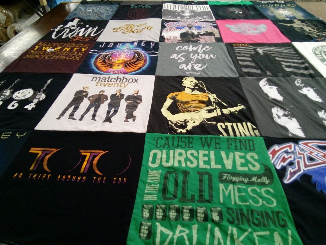 T-shirt quilt with music, bands themes by Susan from VA