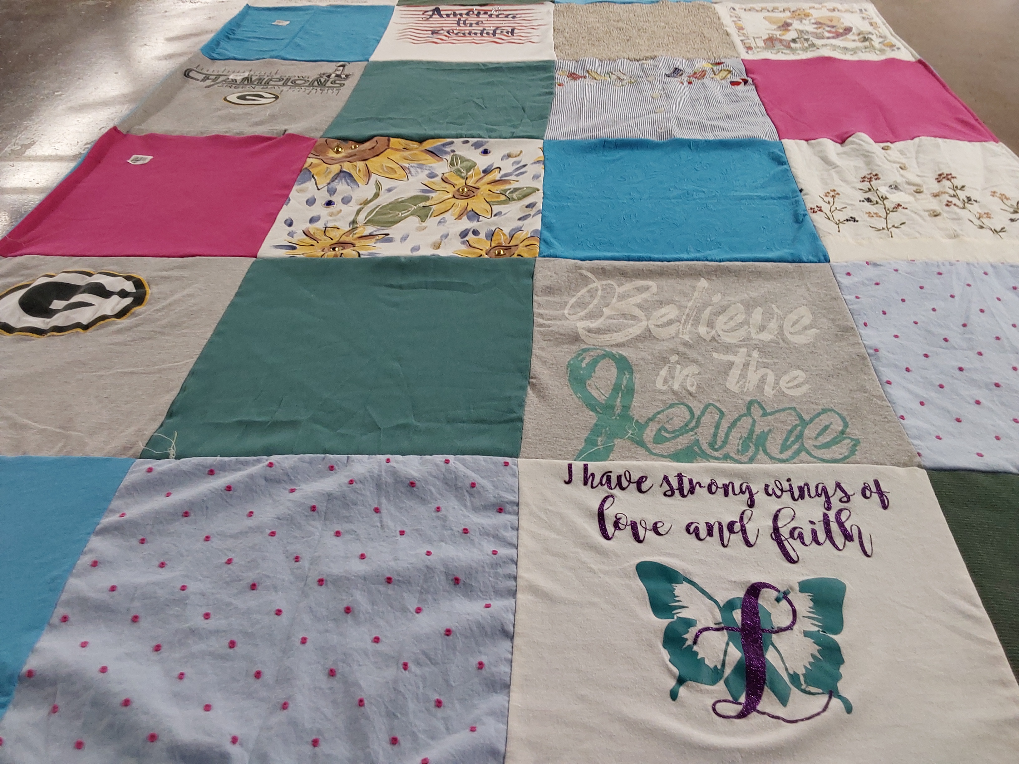 T-shirt quilt with faith, cancer awareness themes by Kelly from NC