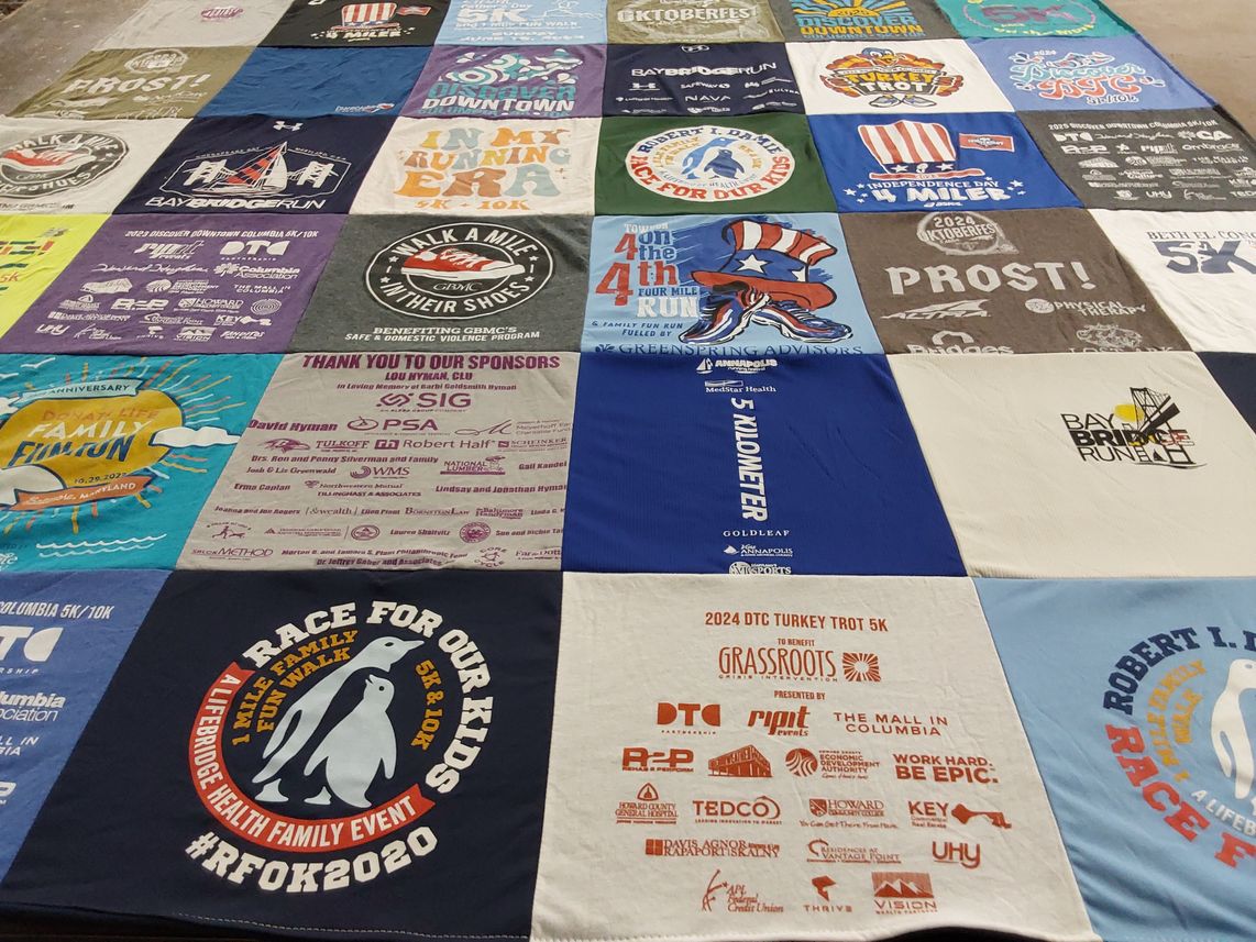 T-shirt quilt with running, fundraising themes by Hynda from MD