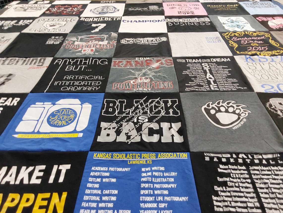 T-shirt quilt with journalism, powerlifting themes by Veronica from KS
