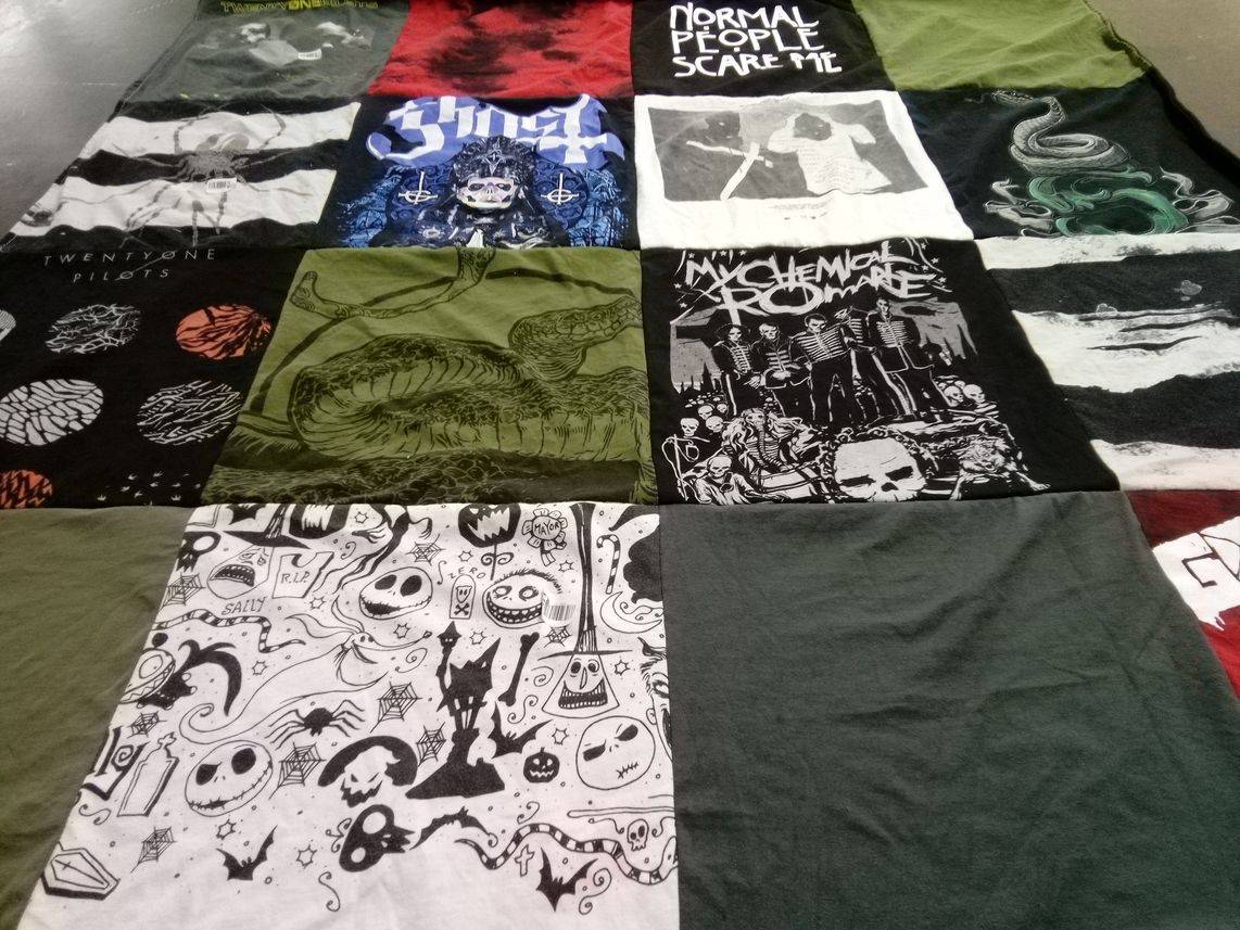 T-shirt quilt with music, bands themes by Janet from NY