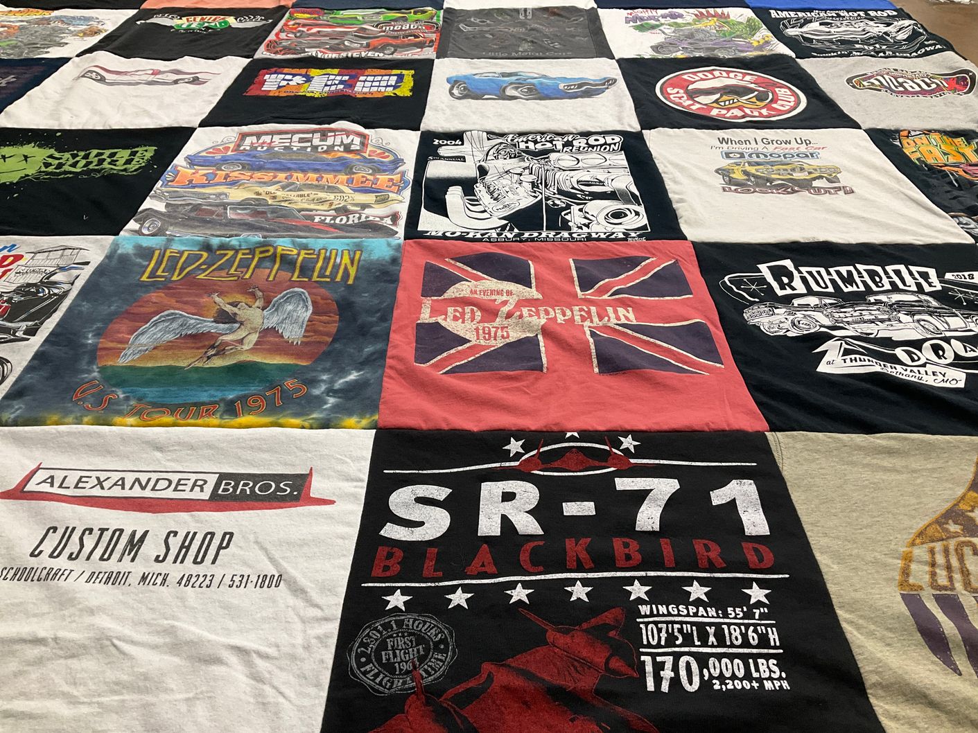 T-shirt quilt with music, cars themes by McKenzie from MO
