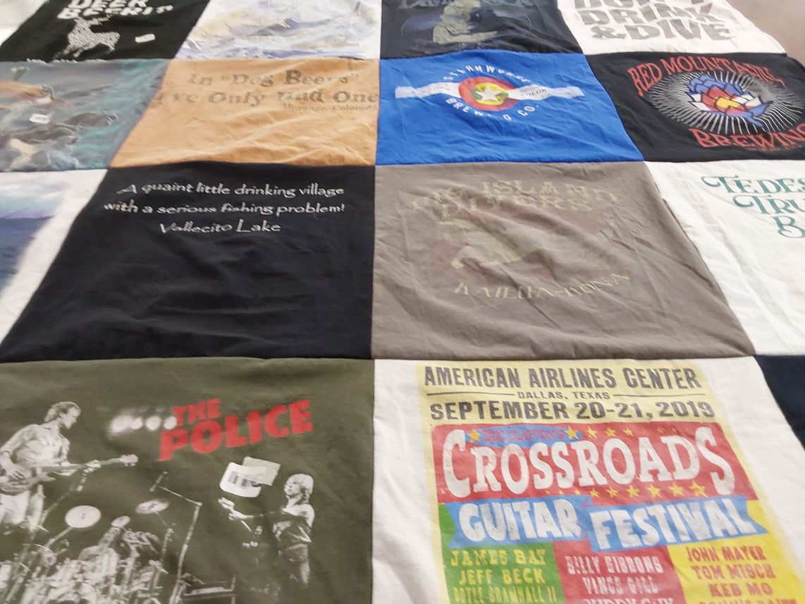 T-shirt quilt with drinking, music themes by Shannon from CO