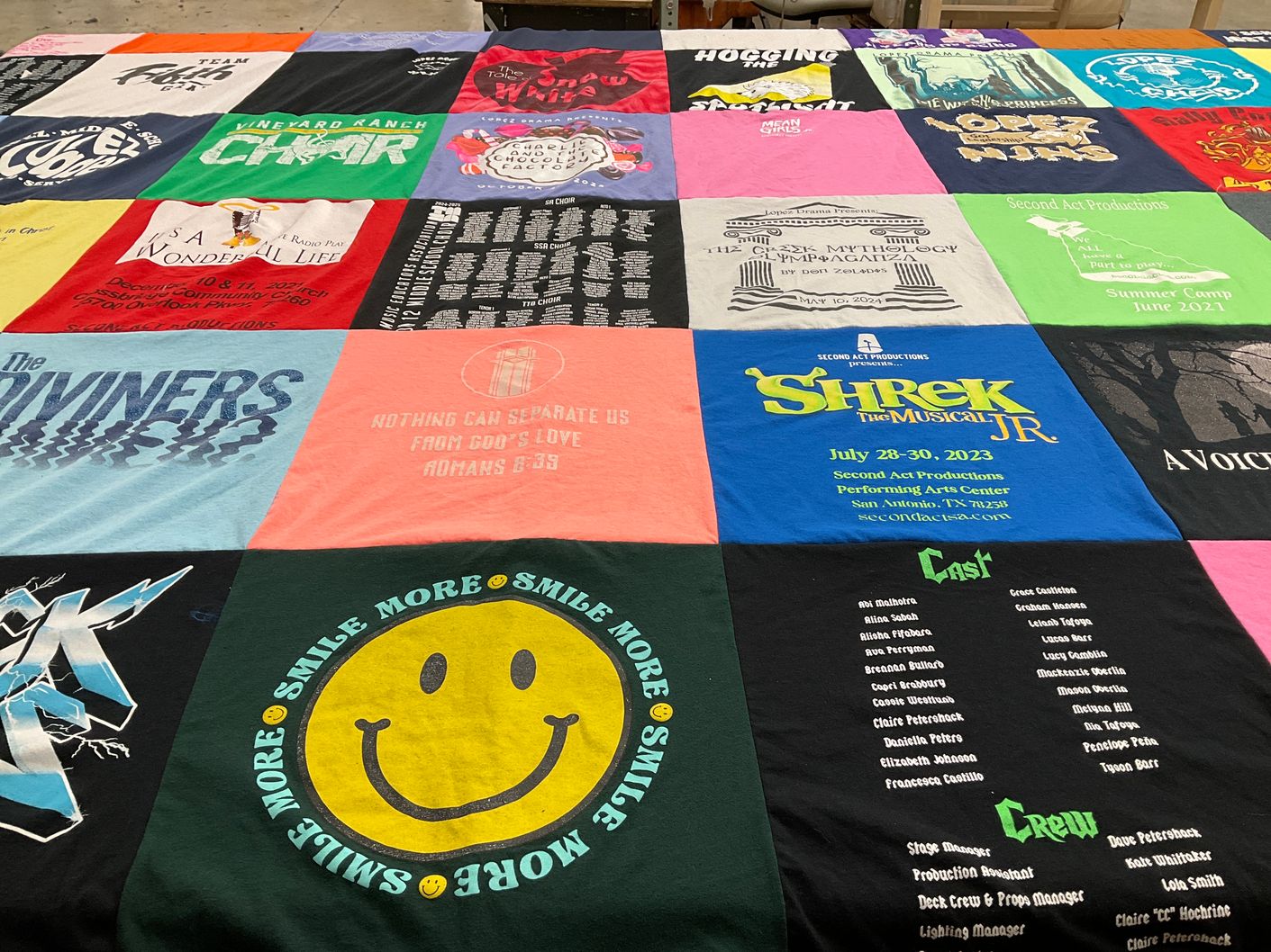 T-shirt quilt with theater, performing arts themes by Morgan from TX
