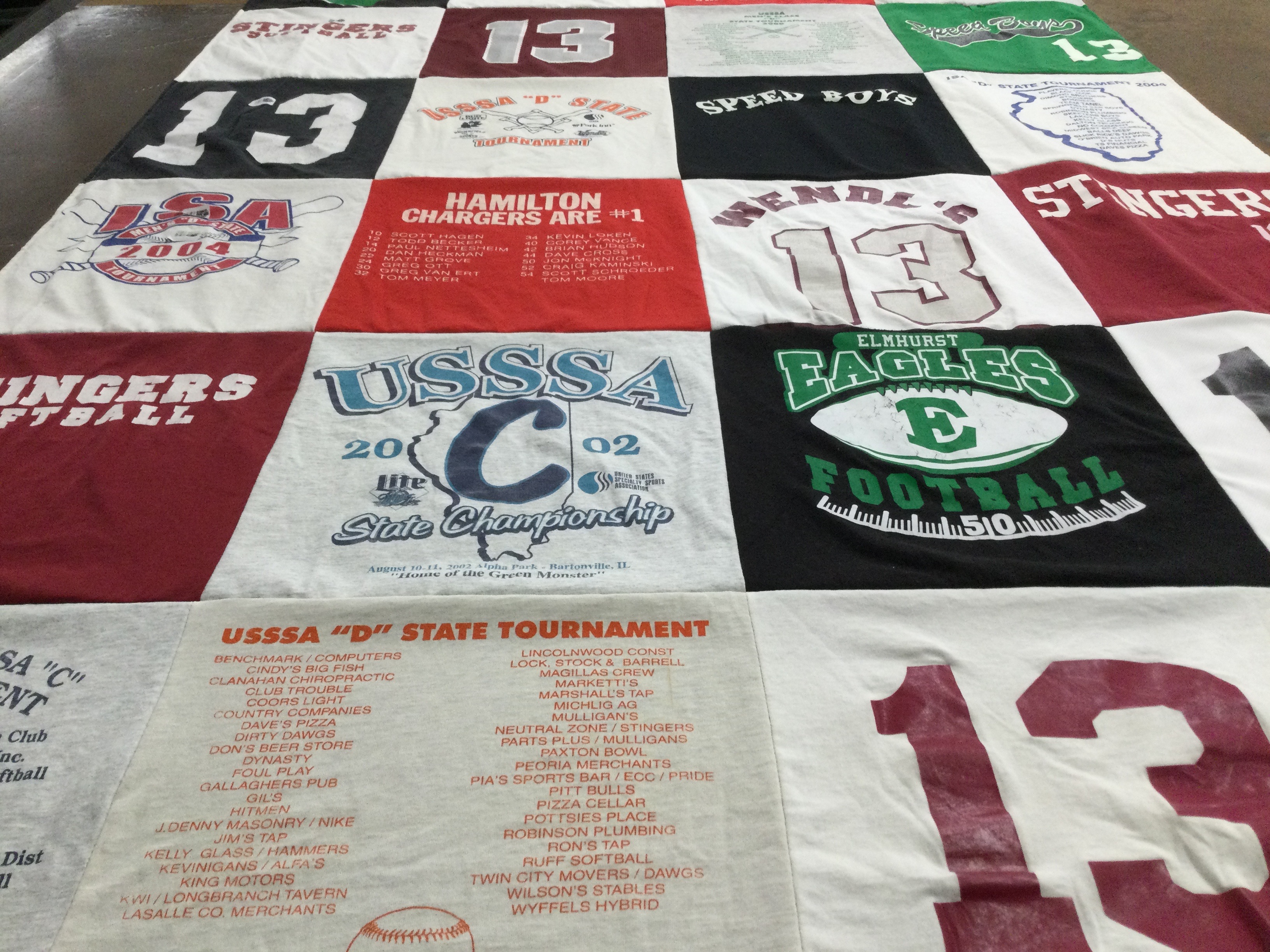 T-shirt quilt featuring hamilton chargers, elmhurst eagles by Tarryn from WI