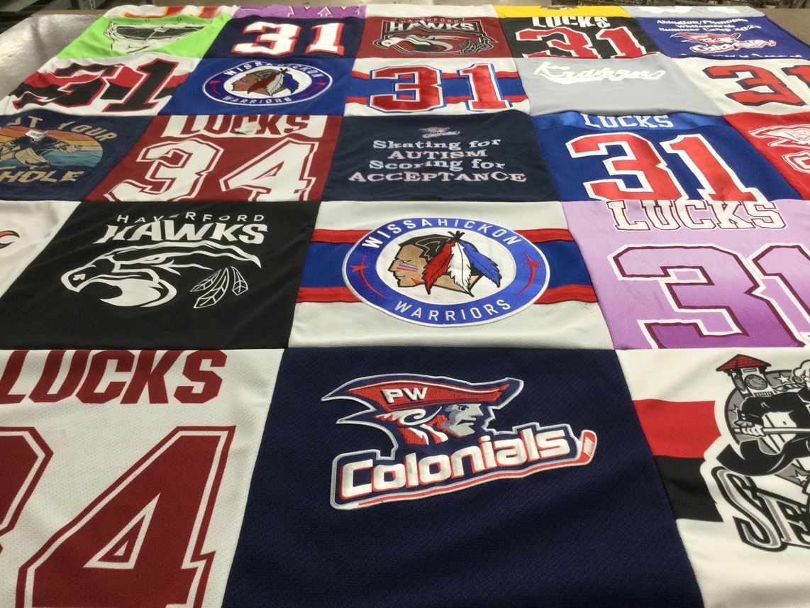 T-shirt quilt featuring pw colonials, hayrford hawks by Michele from PA