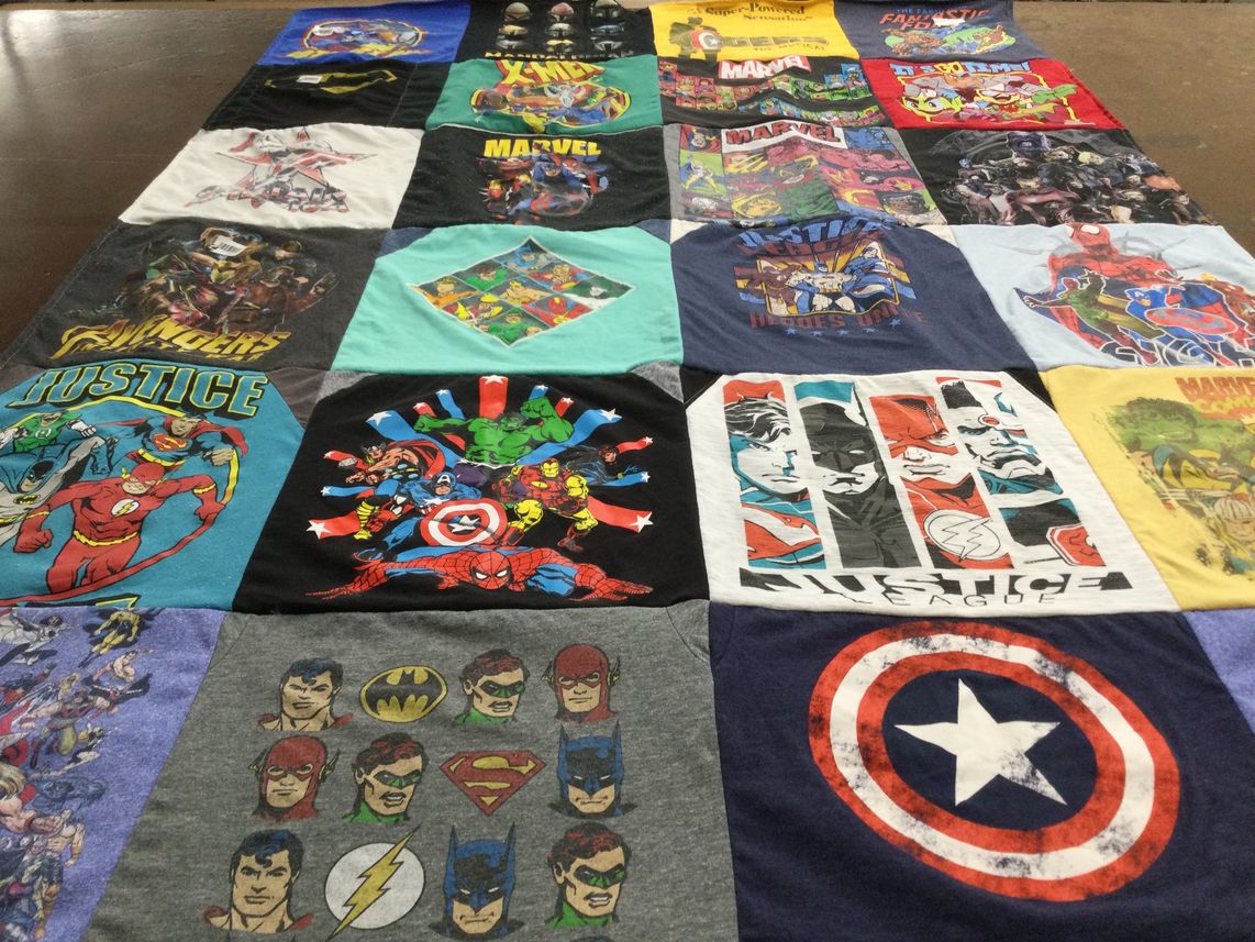T-shirt quilt with comic books, superheroes themes by Marissa from PA