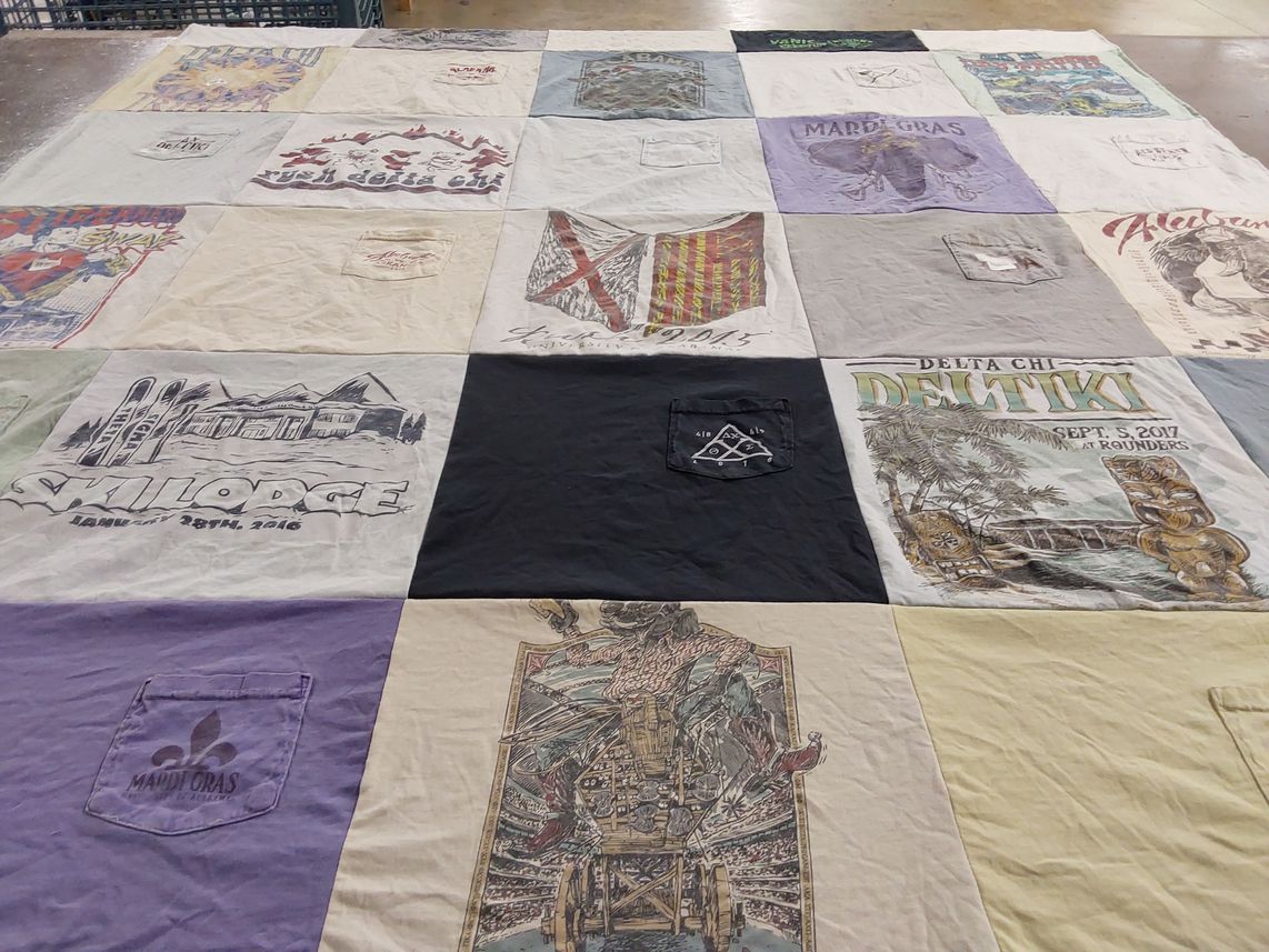 T-shirt quilt with fraternities, skiing themes by Patrick from MD