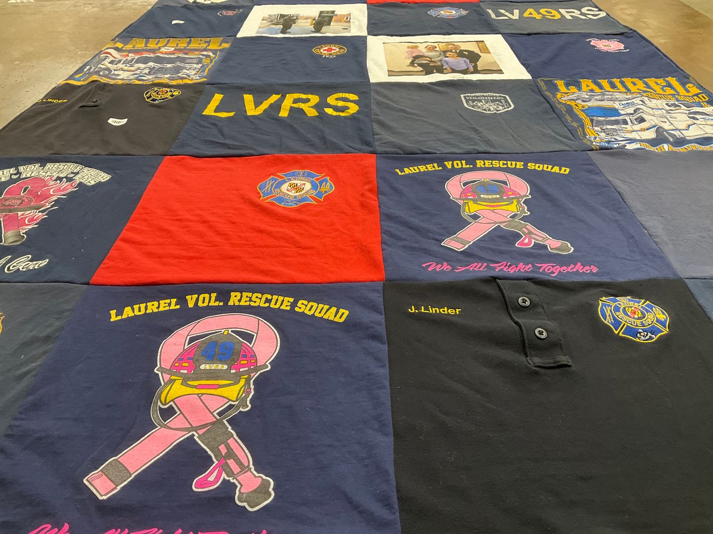 T-shirt quilt with firefighting, volunteering themes by Anna from MD