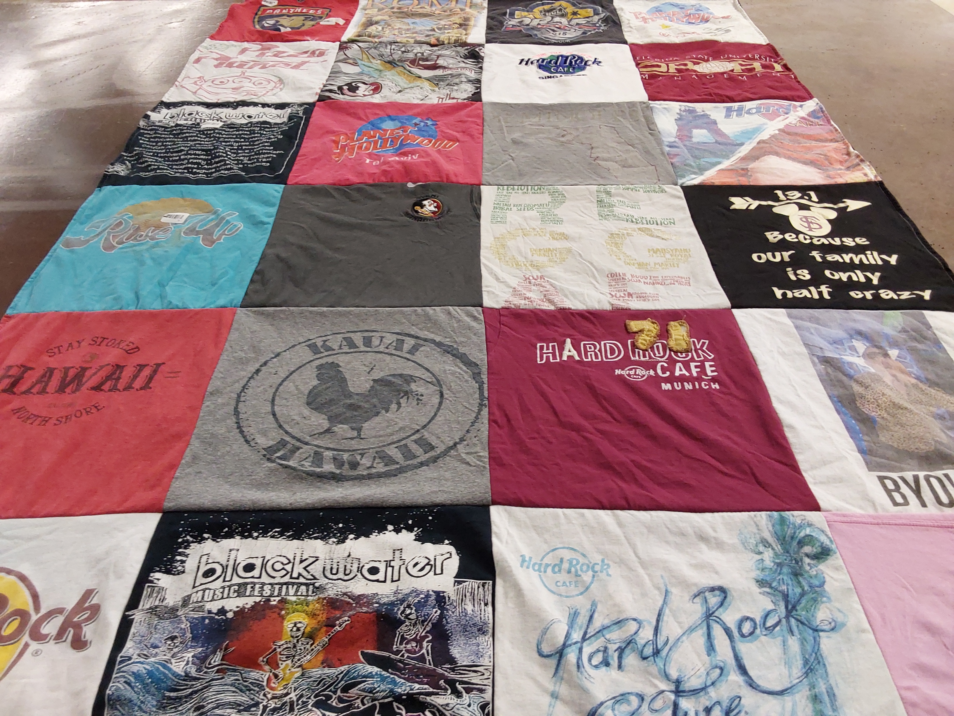 T-shirt quilt with music, travel themes by Jacqueline from FL