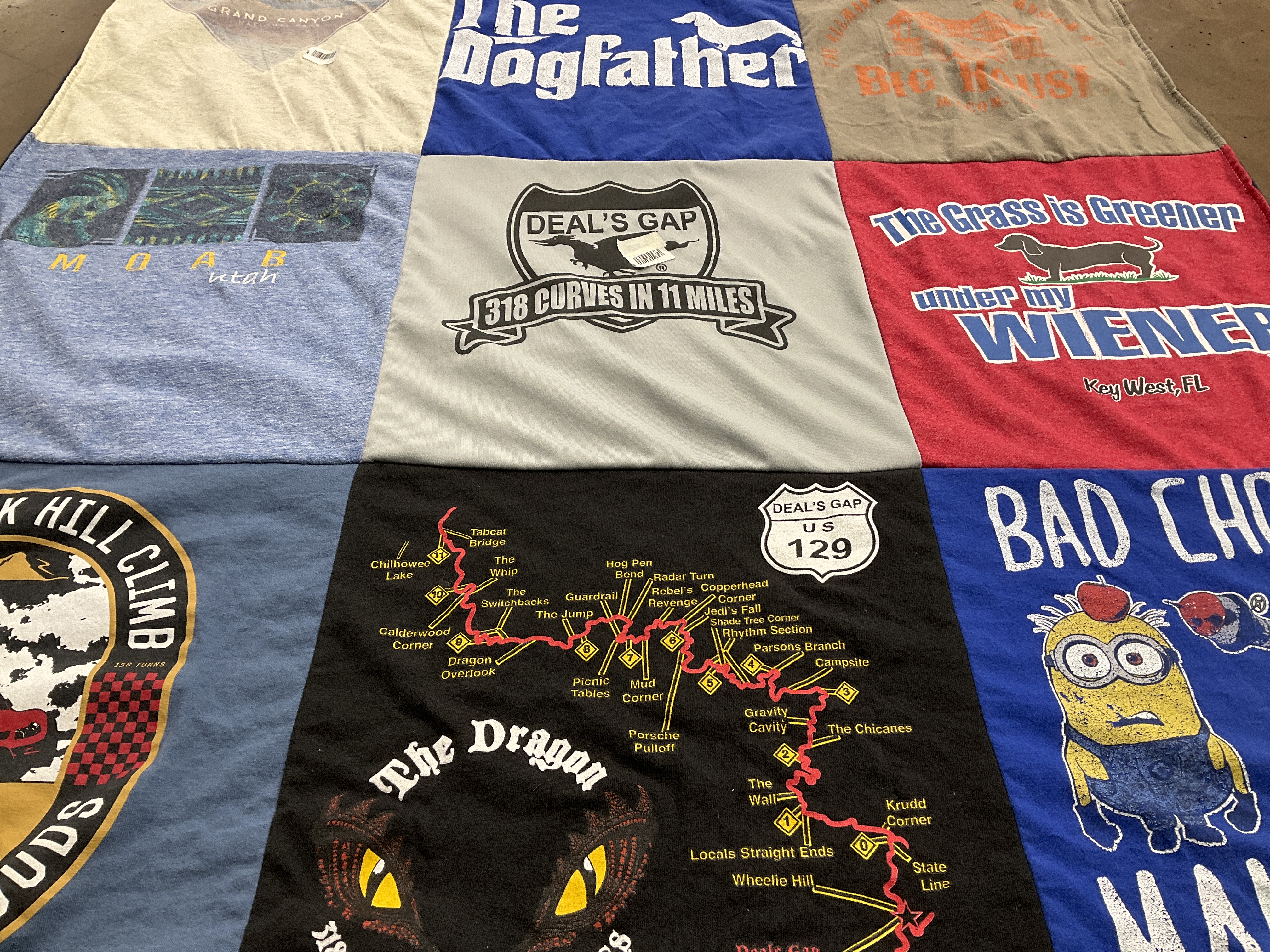 T-shirt quilt with motorcycling, traveling themes by Christina from SC