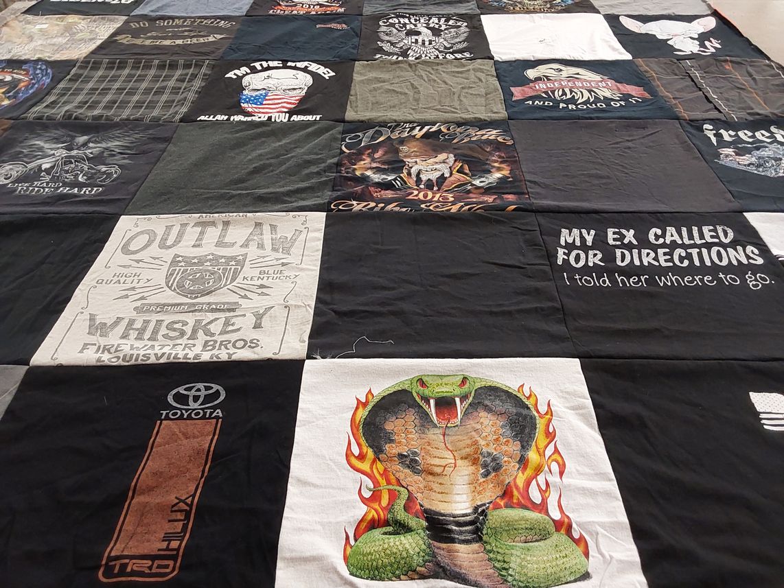 T-shirt quilt with motorcycles, humor themes by Jenny from TX