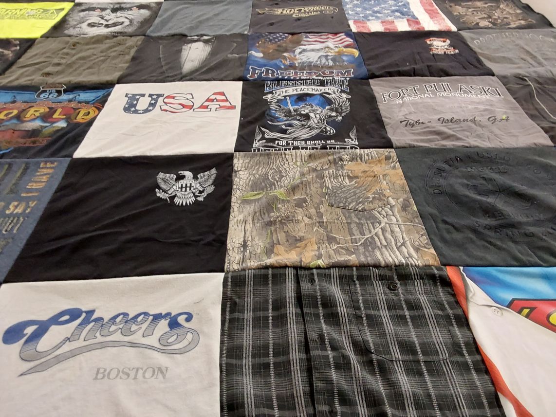 T-shirt quilt with patriotism, travel themes by Jenny from TX