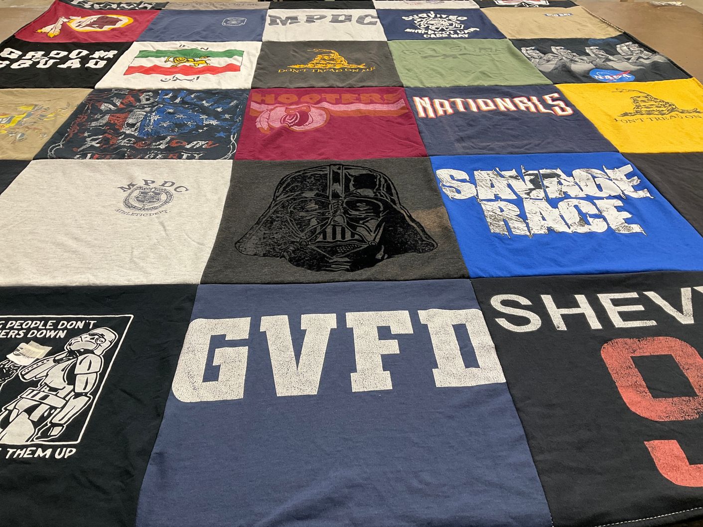 T-shirt quilt with star wars, fitness themes by Sandra from MD