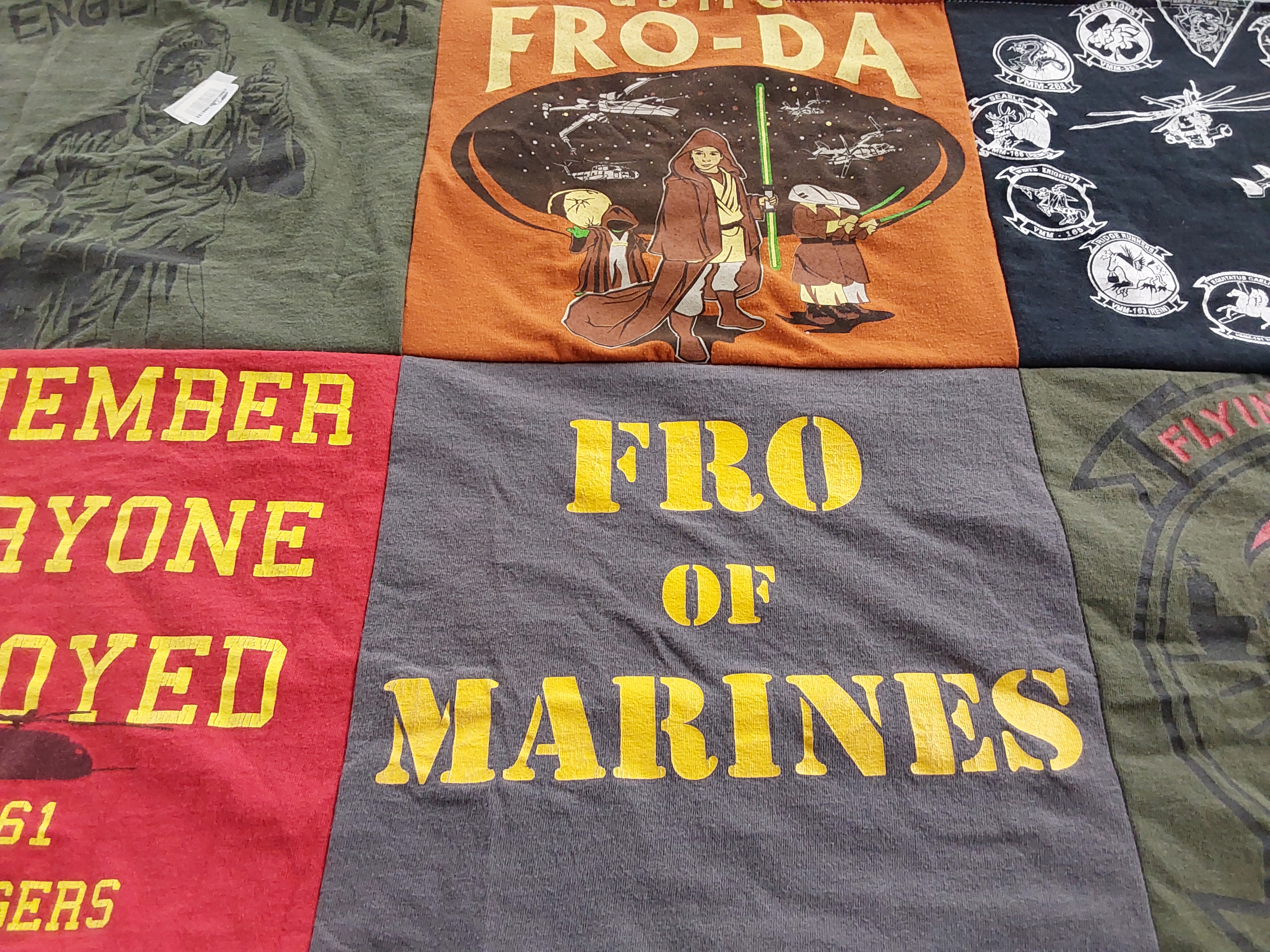 T-shirt quilt with star wars, military themes by Maureen from VA