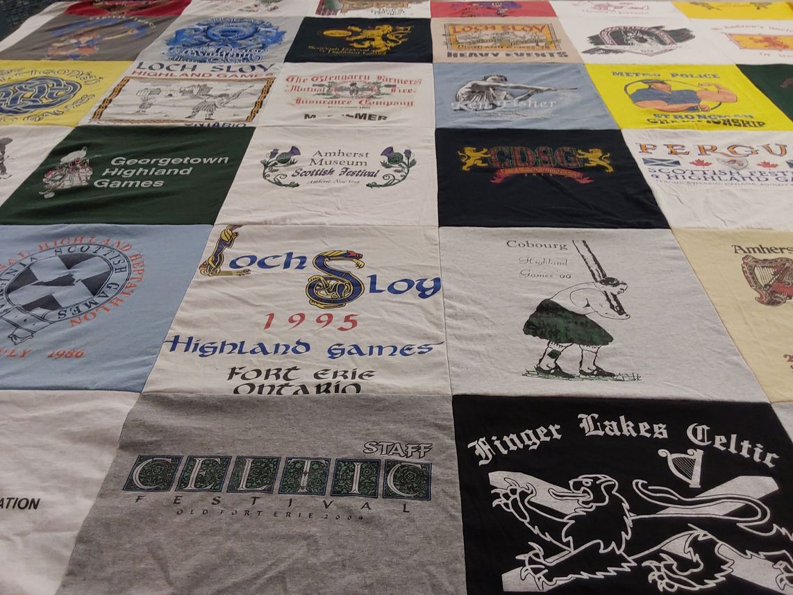 T-shirt quilt with highland games, celtic culture themes by Sherry from NY