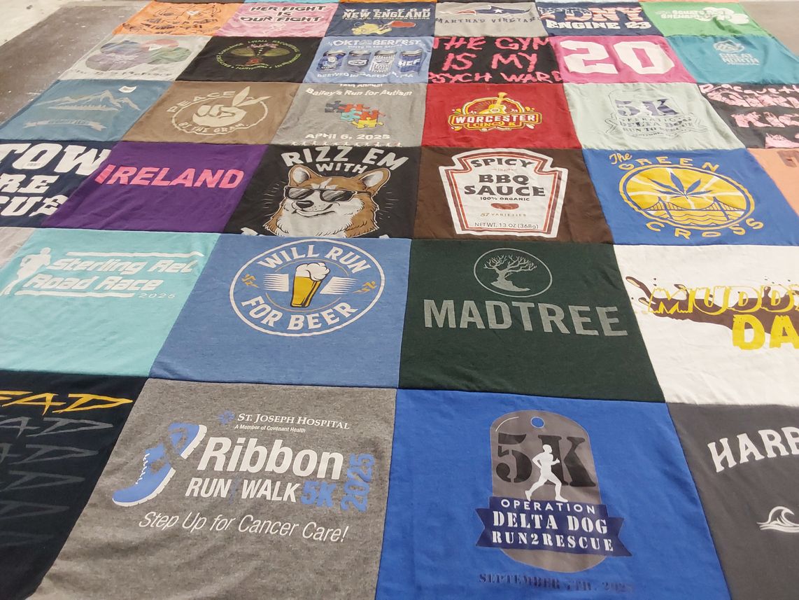 T-shirt quilt with running, beer themes by Courtney from MA