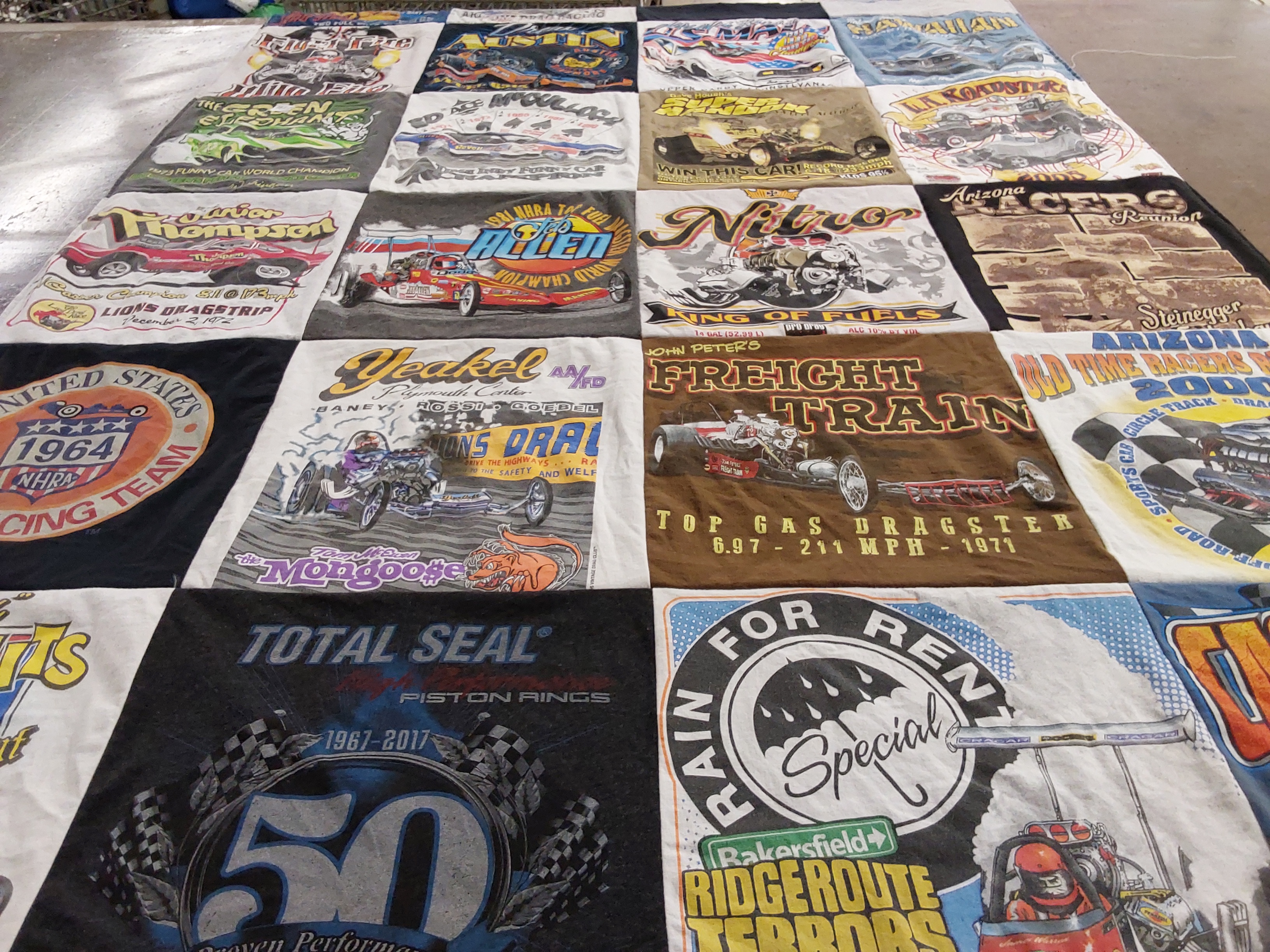 T-shirt quilt with drag racing, car shows themes by Jeff from AZ